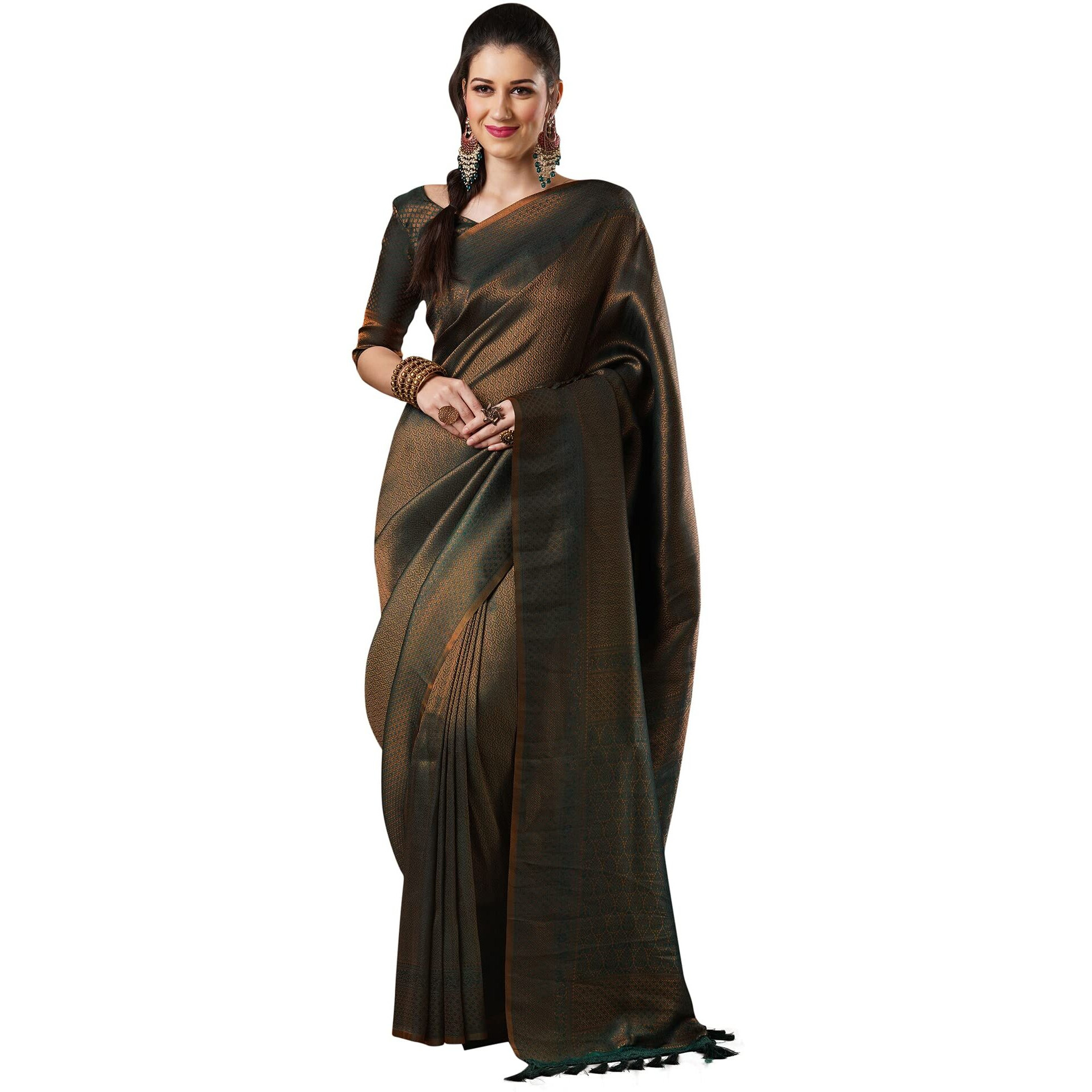 AKHILAM Womens Kanjivaram banarasi silk Woven Design Saree With Unstitched Blouse Piece (Dark Green_8ALEKHA8001)