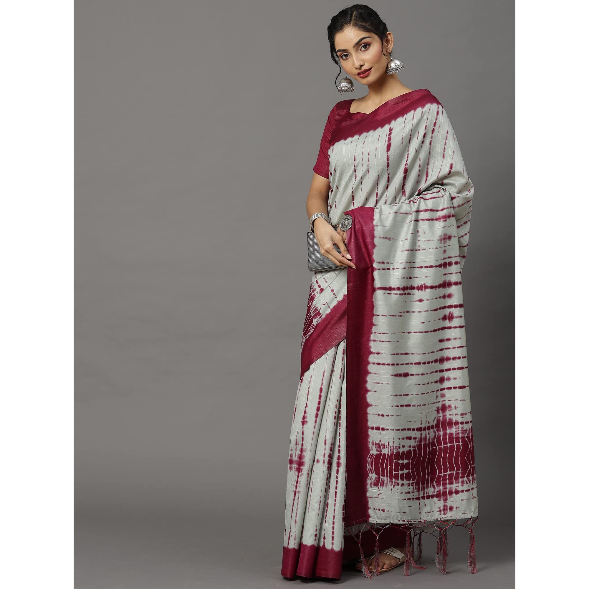 AKHILAM Womens Bhagalpuri Silk Shibori Block Print Saree with Unstitched Blouse Piece (Grey_18WOM18910)