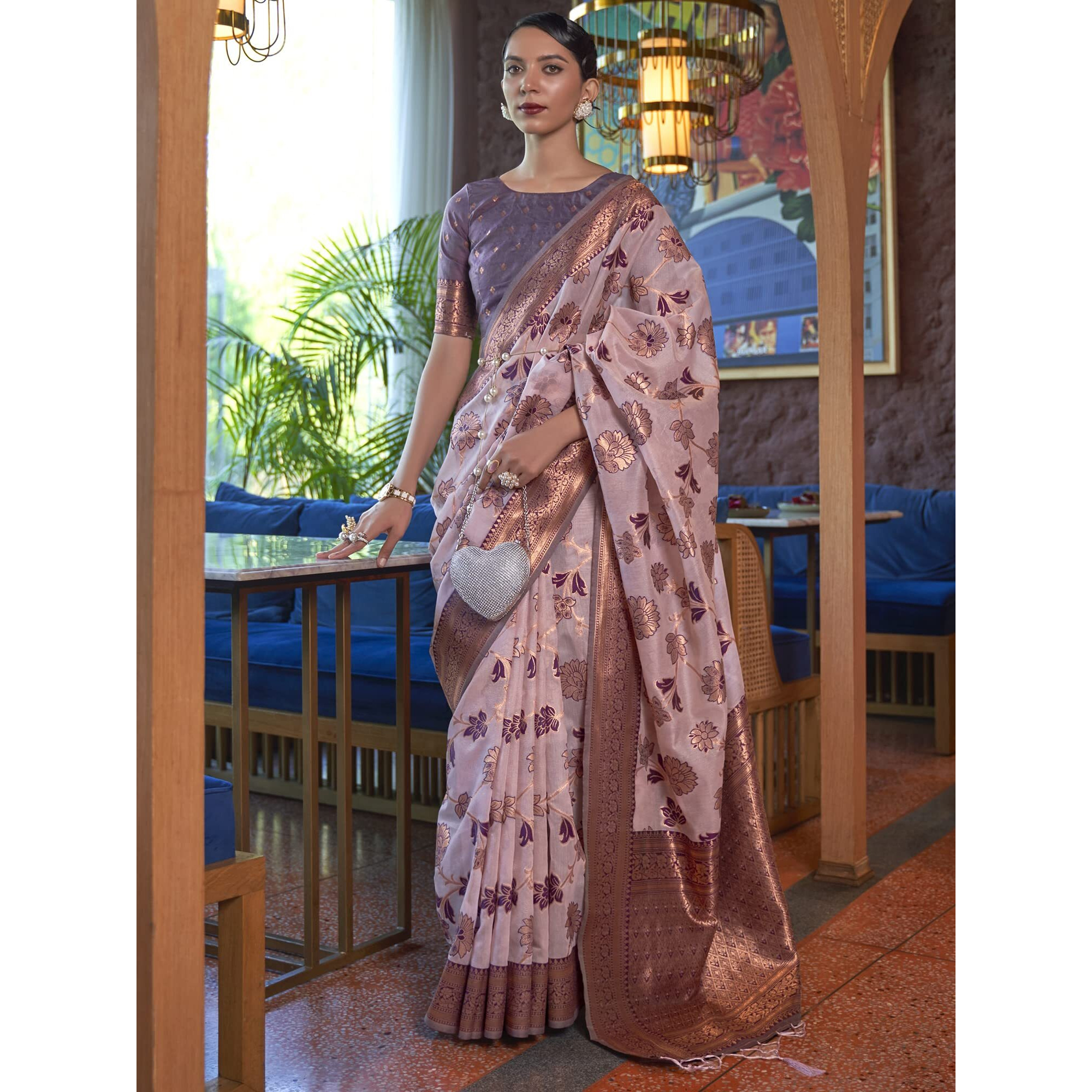 AKHILAM Womens Organza Woven Design Saree With Unstitched Blouse Piece (Mauve_KDVIKA283004_RJ)