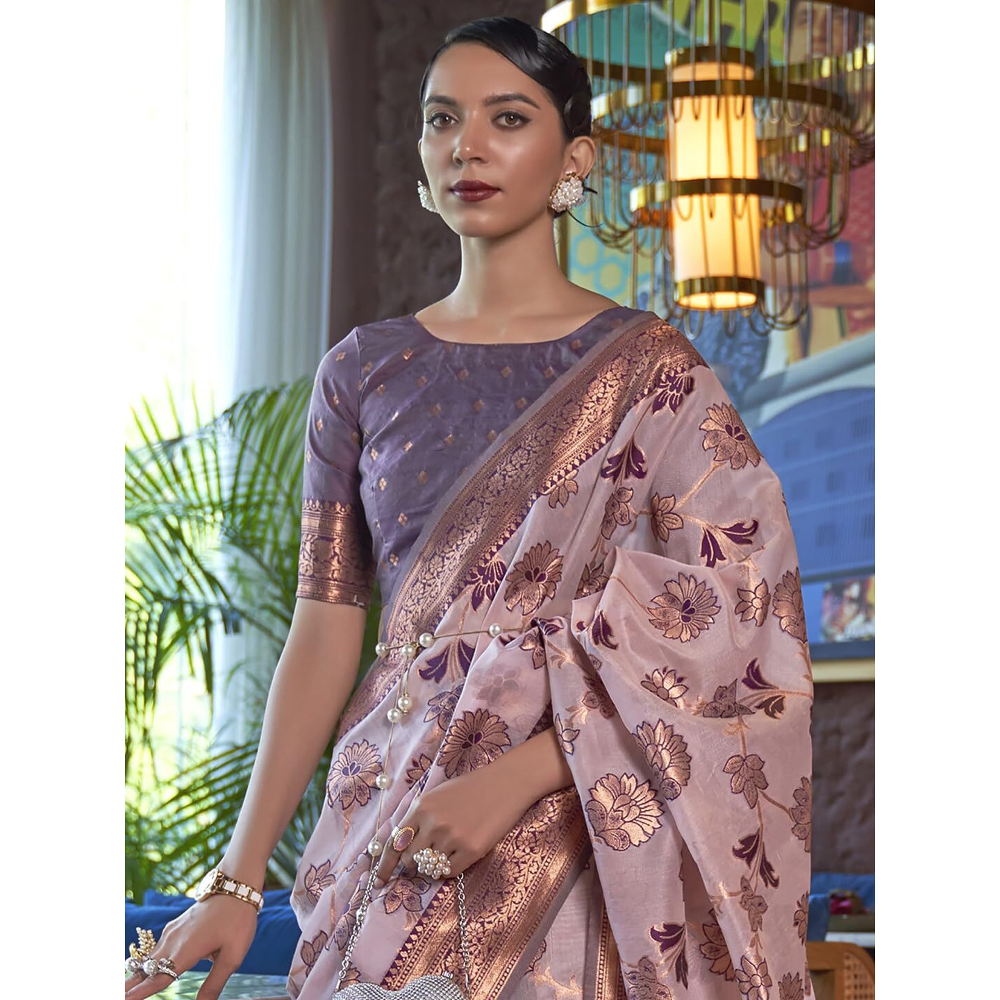 AKHILAM Womens Organza Woven Design Saree With Unstitched Blouse Piece (Mauve_KDVIKA283004_RJ)