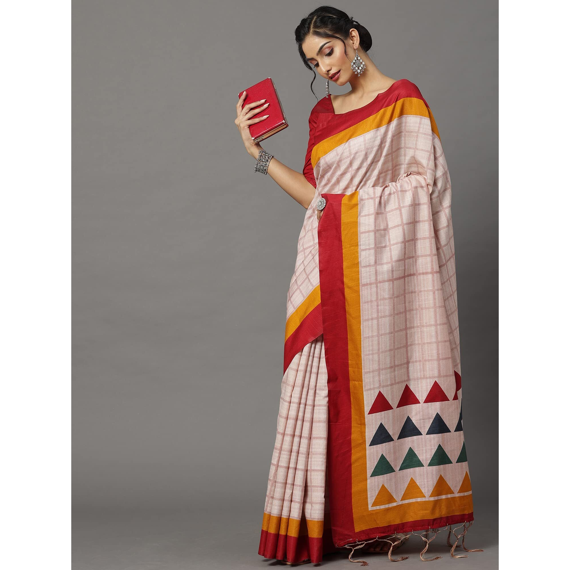 AKHILAM Womens Bhagalpuri Silk Checkered Printed Tant Saree with Unstitched Blouse Piece (Cream_18WOM18901)