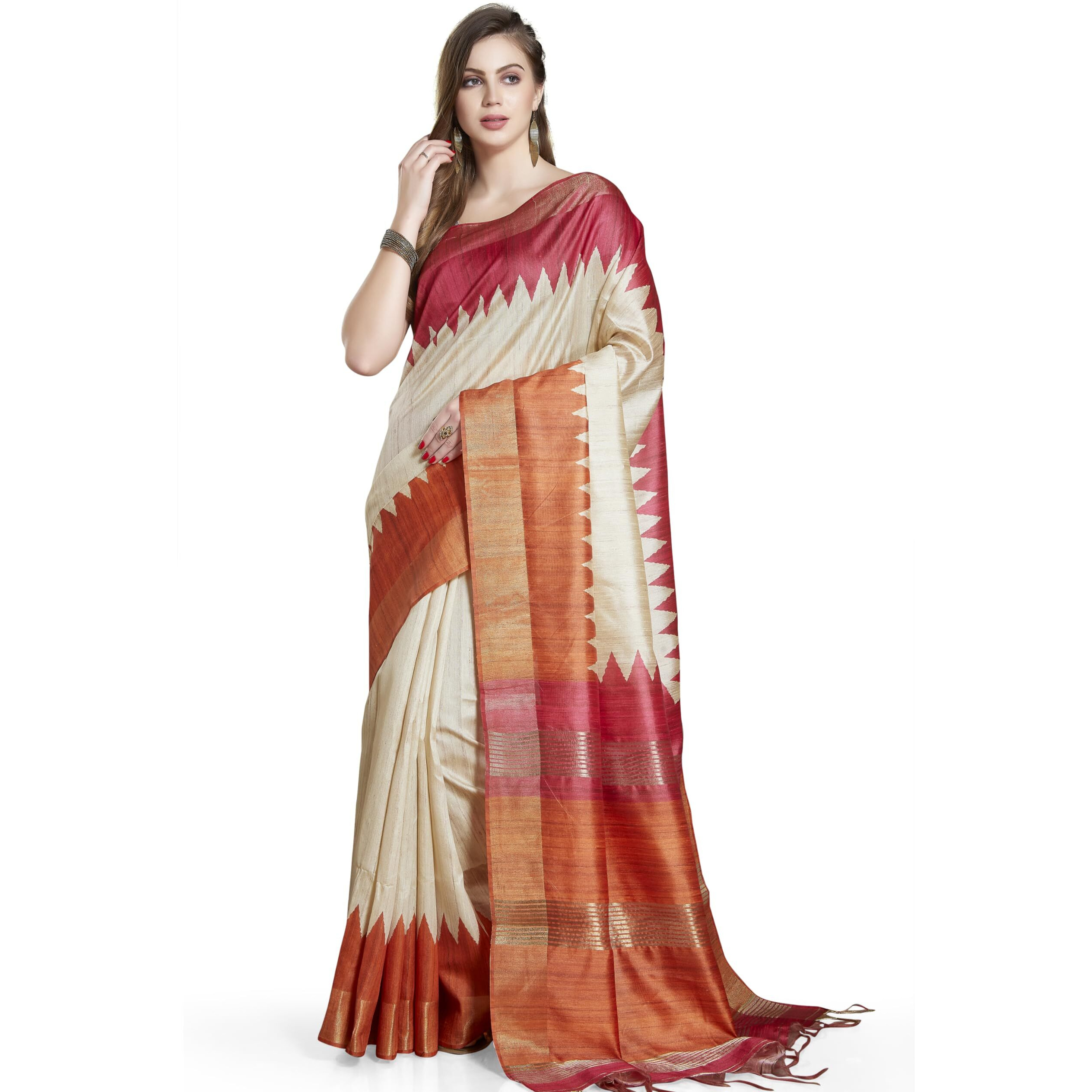 RANI SAAHIBA Womens Printed Art Tussar Silk Zari Border Saree With Blouse Piece (SKR11616_Beige-Rust)