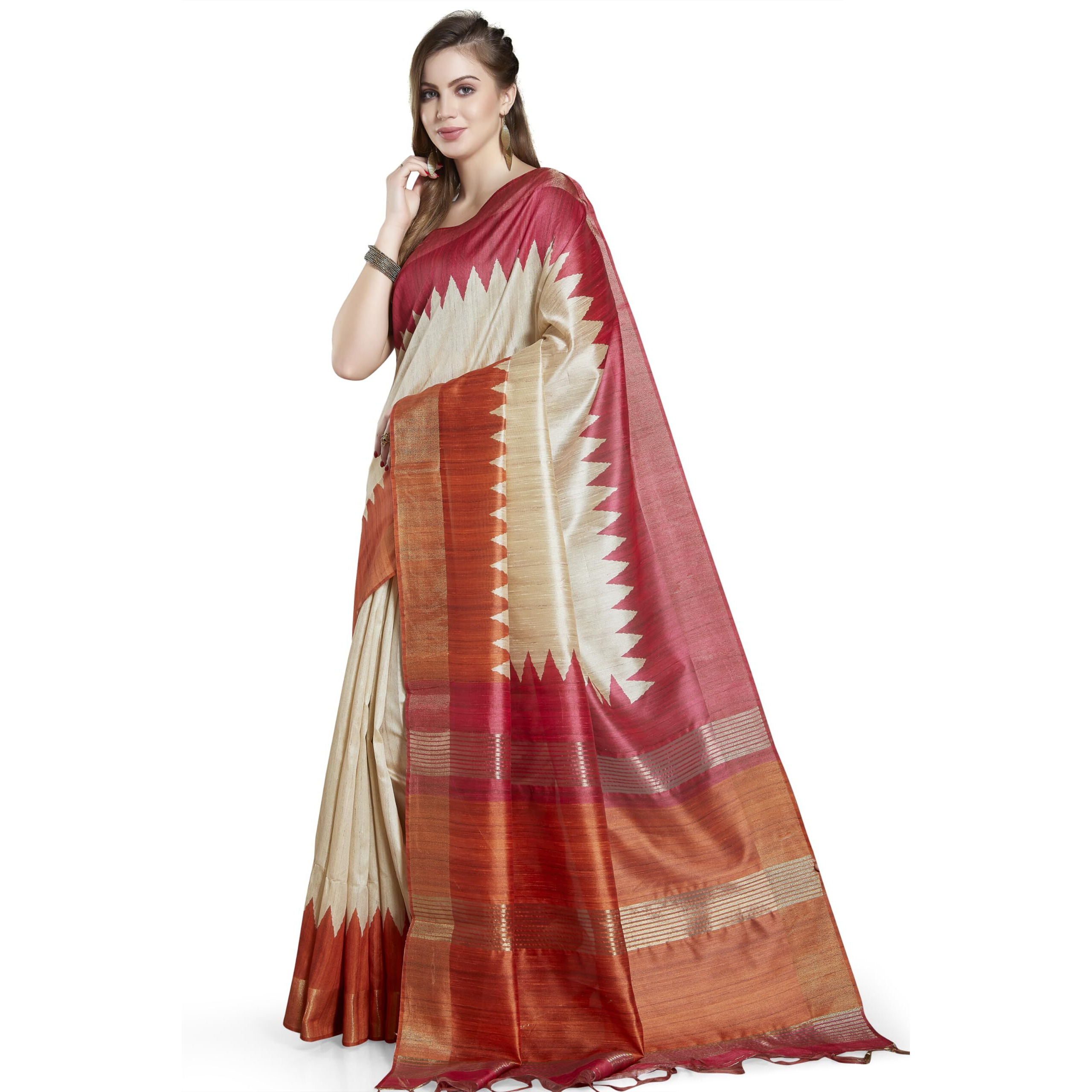 RANI SAAHIBA Womens Printed Art Tussar Silk Zari Border Saree With Blouse Piece (SKR11616_Beige-Rust)