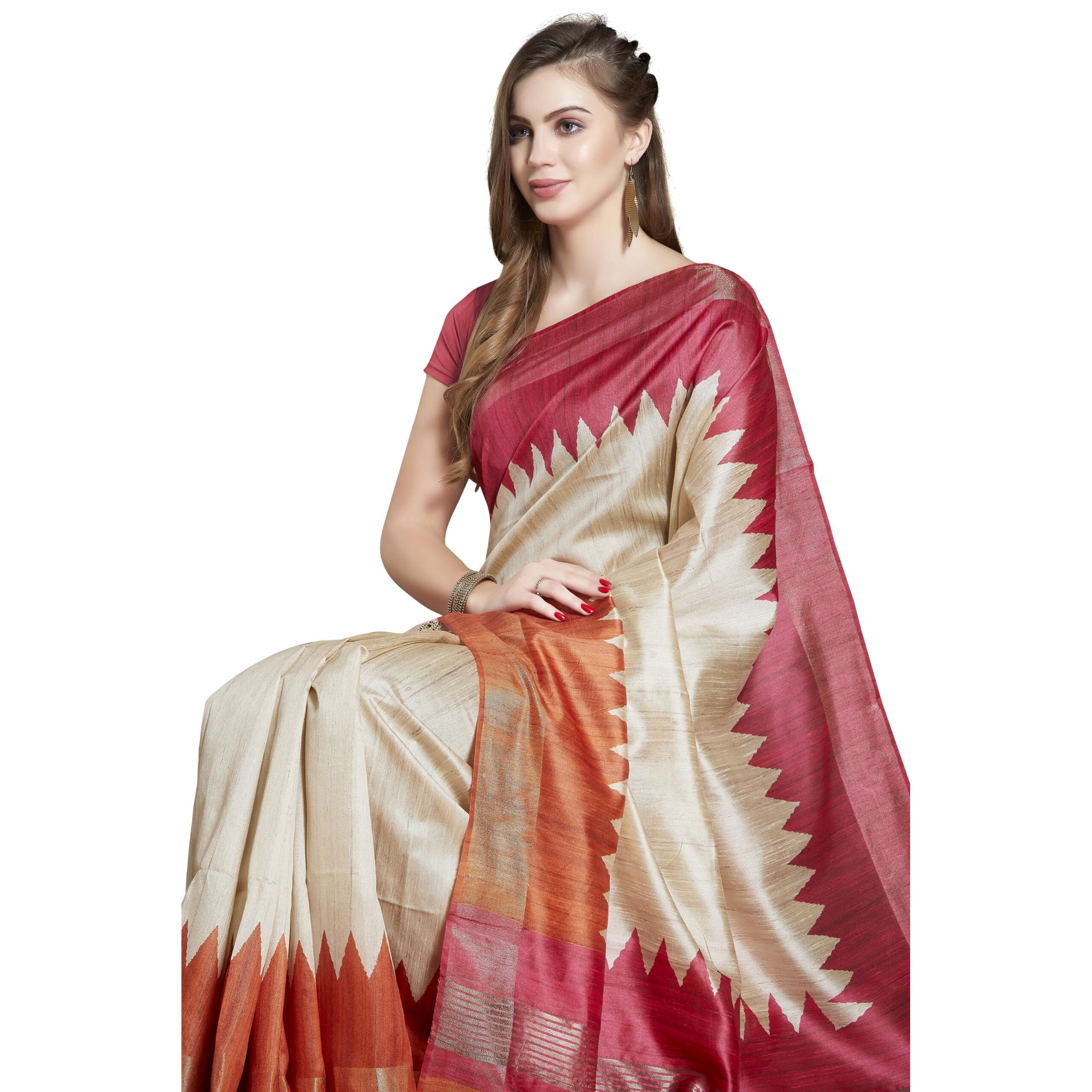 RANI SAAHIBA Womens Printed Art Tussar Silk Zari Border Saree With Blouse Piece (SKR11616_Beige-Rust)