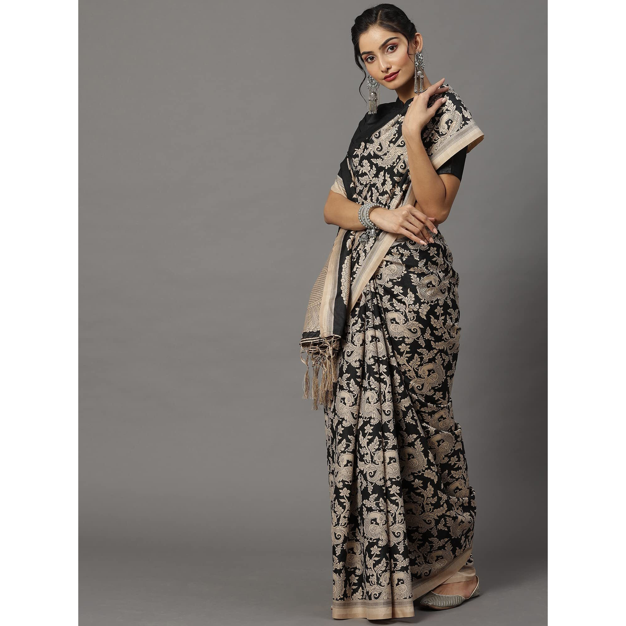 AKHILAM Womens Bhagalpuri Silk Peacock Printed Bagru Saree with Unstitched Blouse Piece (Black_18WOM18912)