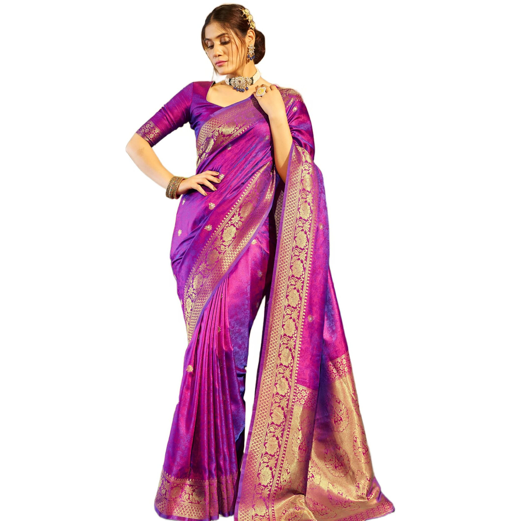 SWORNOF Womens Kanjivaram Banarasi Silk Saree Patola saree (PURPLE)