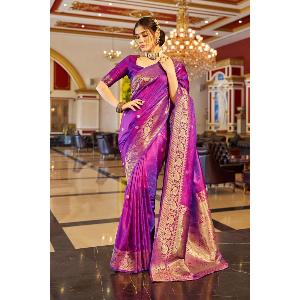 SWORNOF Womens Kanjivaram Banarasi Silk Saree Patola saree (PURPLE)