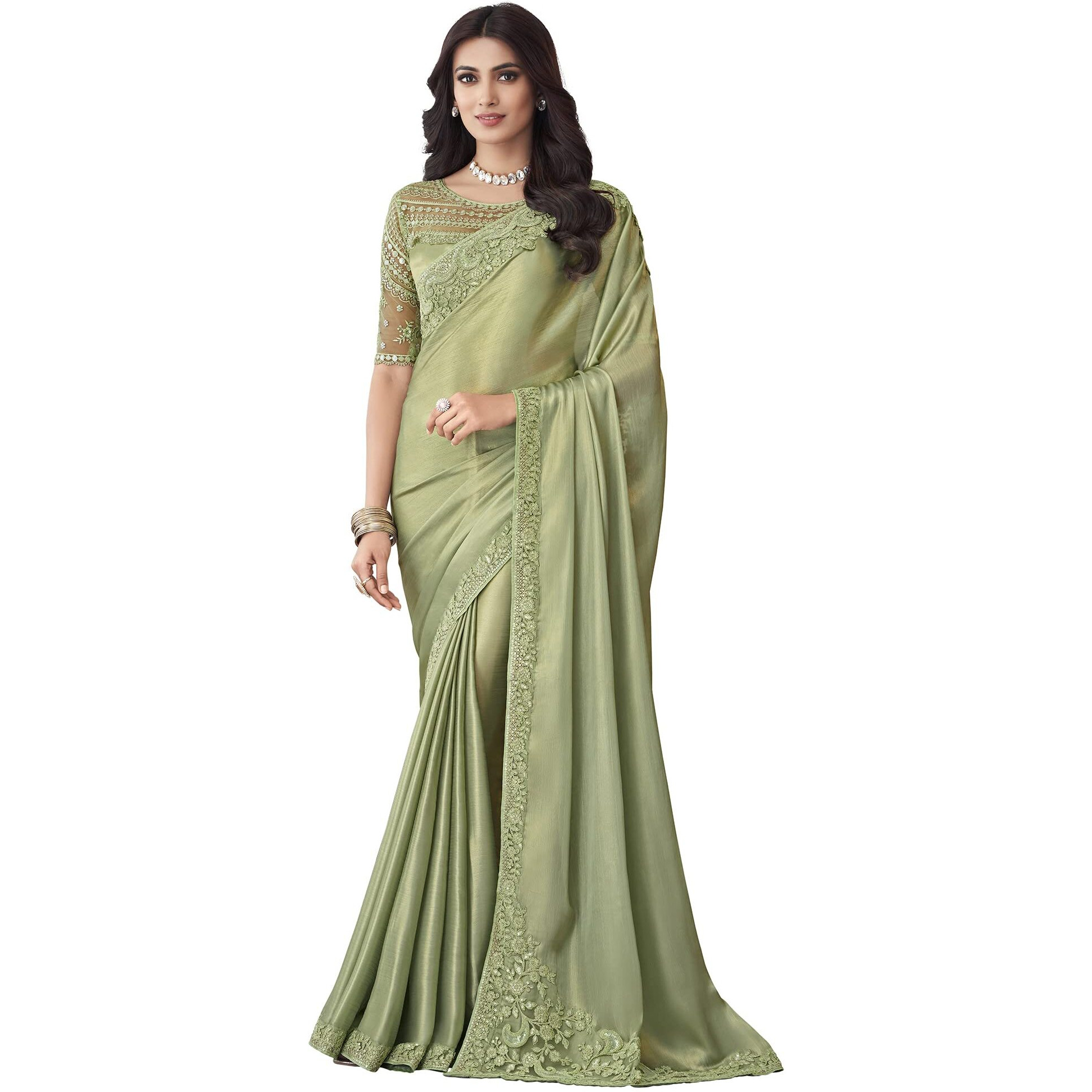 AKHILAM Womens And Girls Embroidery Lace & Sequence Embroidery Banarasi Silk Saree With Unstitched Blouse Piece (Olive_SILVER27005_TFH)