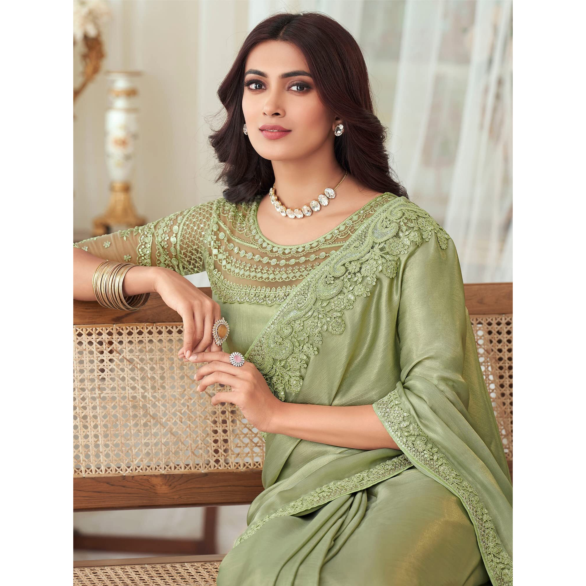 AKHILAM Womens And Girls Embroidery Lace & Sequence Embroidery Banarasi Silk Saree With Unstitched Blouse Piece (Olive_SILVER27005_TFH)