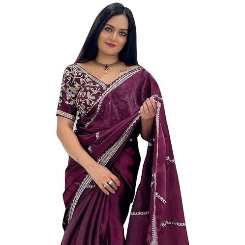 AKHILAM Womens Organza Embellished Embellished Saree With Unstitched Blouse Piece(Purple_AAVYA2404_HV)