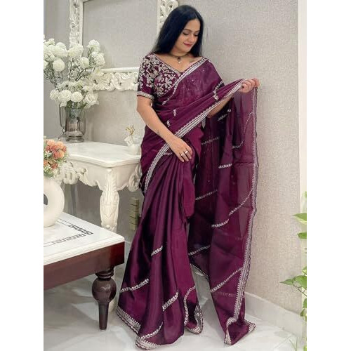 AKHILAM Womens Organza Embellished Embellished Saree With Unstitched Blouse Piece(Purple_AAVYA2404_HV)