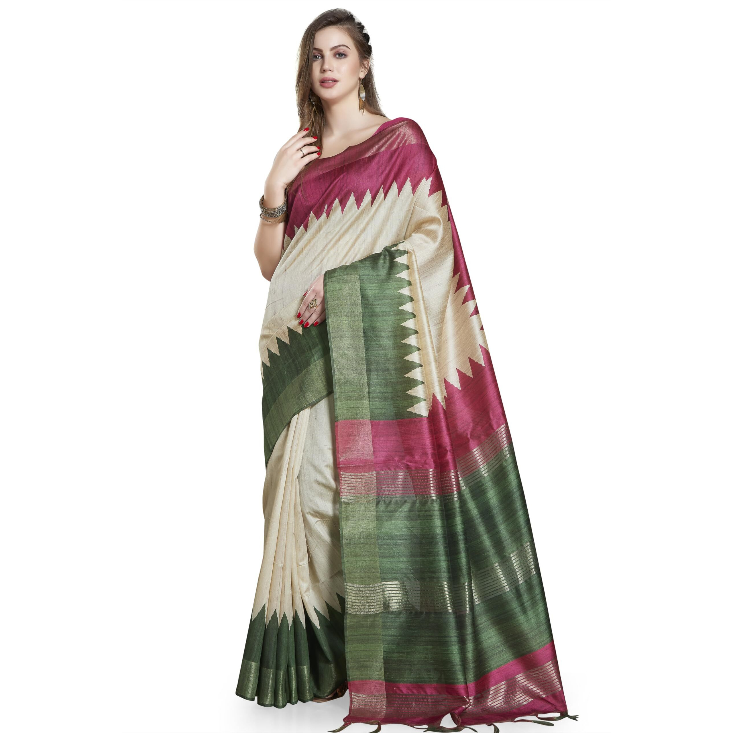 RANI SAAHIBA Womens Printed Art Tussar Silk Zari Border Saree With Blouse Piece (SKR11611_Beige - Green)