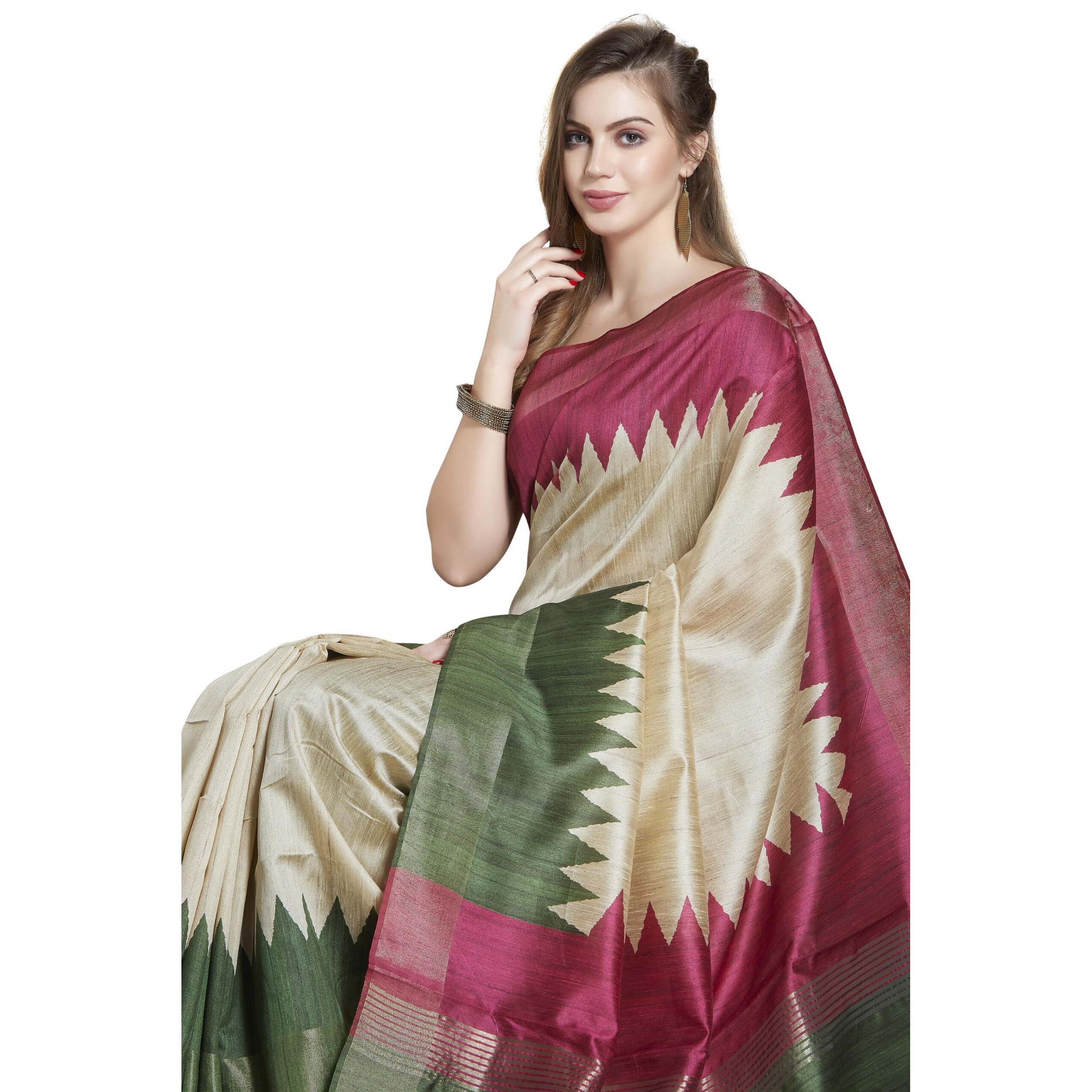 RANI SAAHIBA Womens Printed Art Tussar Silk Zari Border Saree With Blouse Piece (SKR11611_Beige - Green)