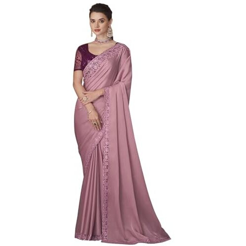 AKHILAM Womens Banarasi silk Solid Embellished Saree With Unstitched Blouse Piece(Mauve_SNDLWOD1115A_TFH)