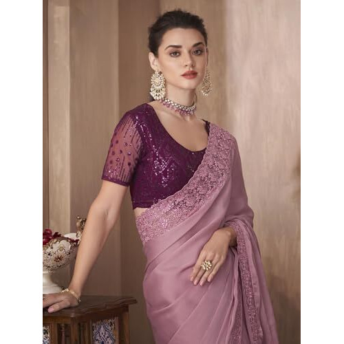 AKHILAM Womens Banarasi silk Solid Embellished Saree With Unstitched Blouse Piece(Mauve_SNDLWOD1115A_TFH)