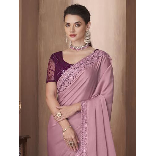 AKHILAM Womens Banarasi silk Solid Embellished Saree With Unstitched Blouse Piece(Mauve_SNDLWOD1115A_TFH)