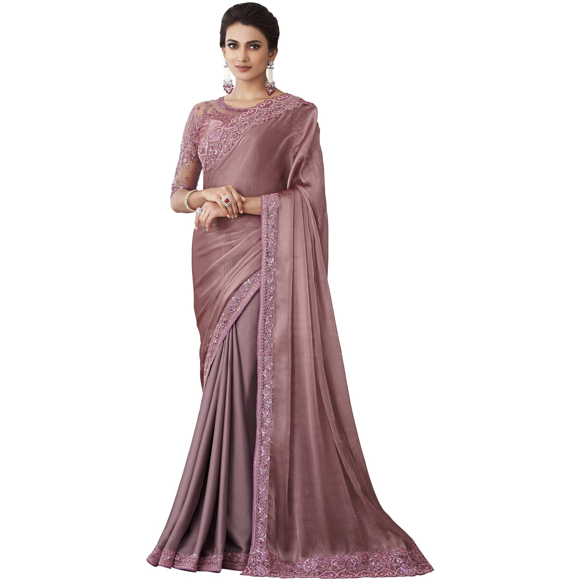 AKHILAM Womens And Girls Embroidery Lace & Sequence Embroidery Tissue Saree With Unstitched Blouse Piece (Mauve_SILVER27018_TFH)