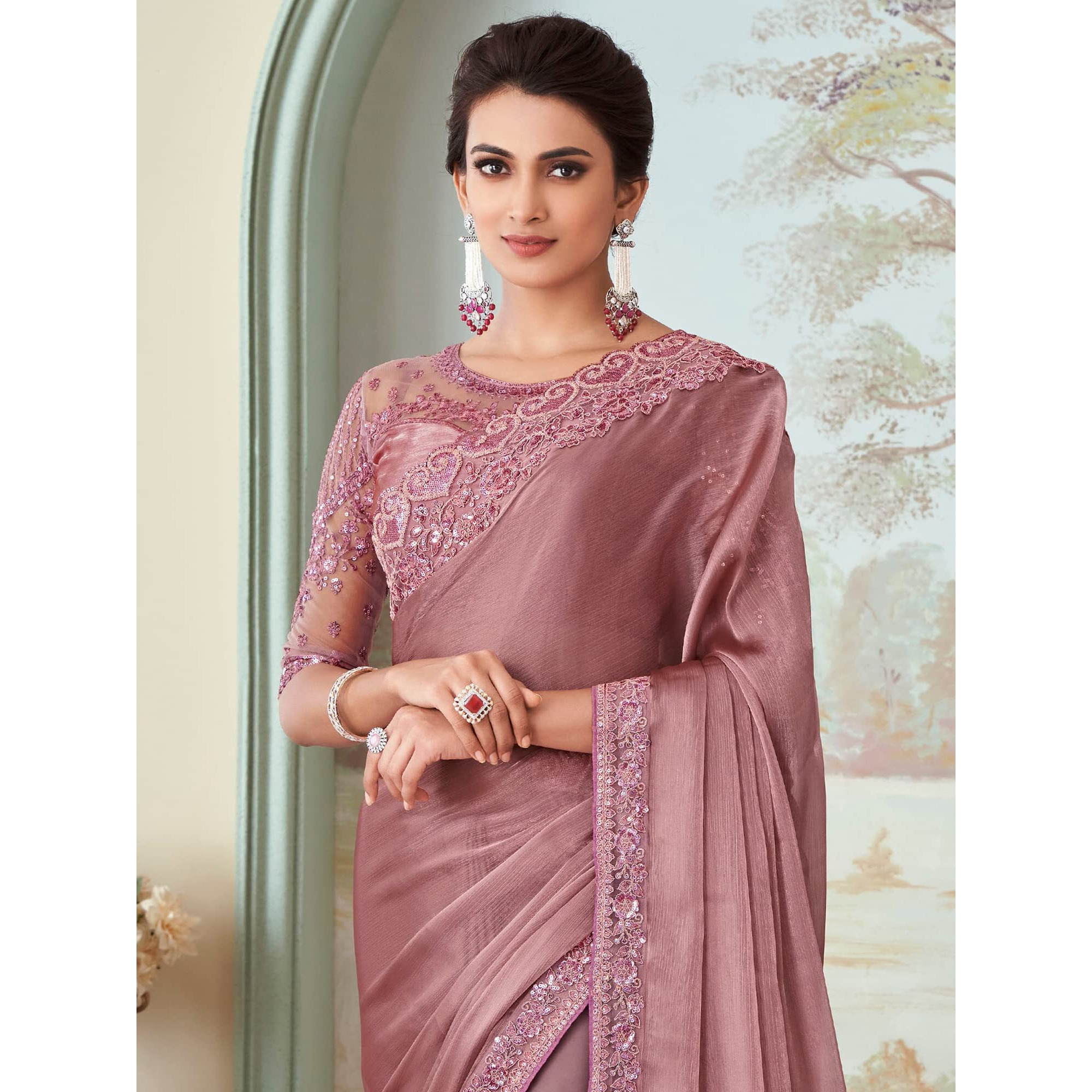 AKHILAM Womens And Girls Embroidery Lace & Sequence Embroidery Tissue Saree With Unstitched Blouse Piece (Mauve_SILVER27018_TFH)