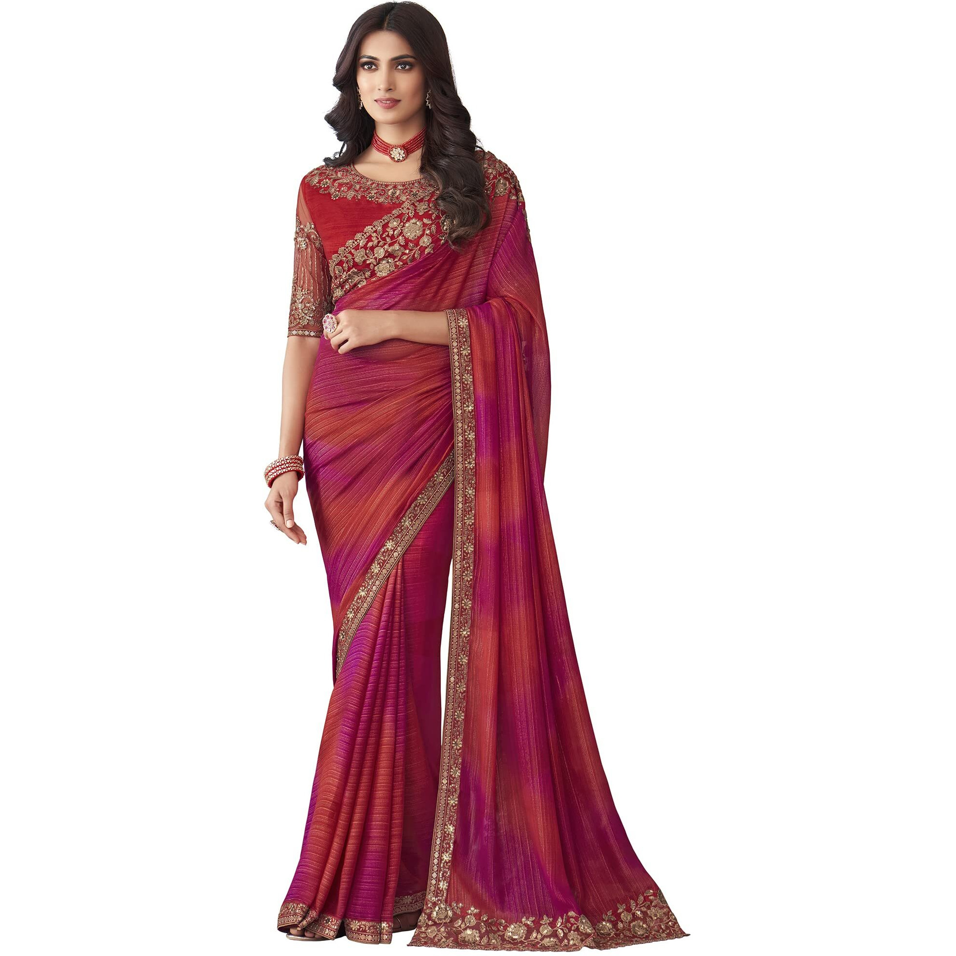 AKHILAM Womens And Girls Embroidery Lace & Sequence Embroidery Chiffon Saree With Unstitched Blouse Piece (Pink_SILVER27001_TFH)