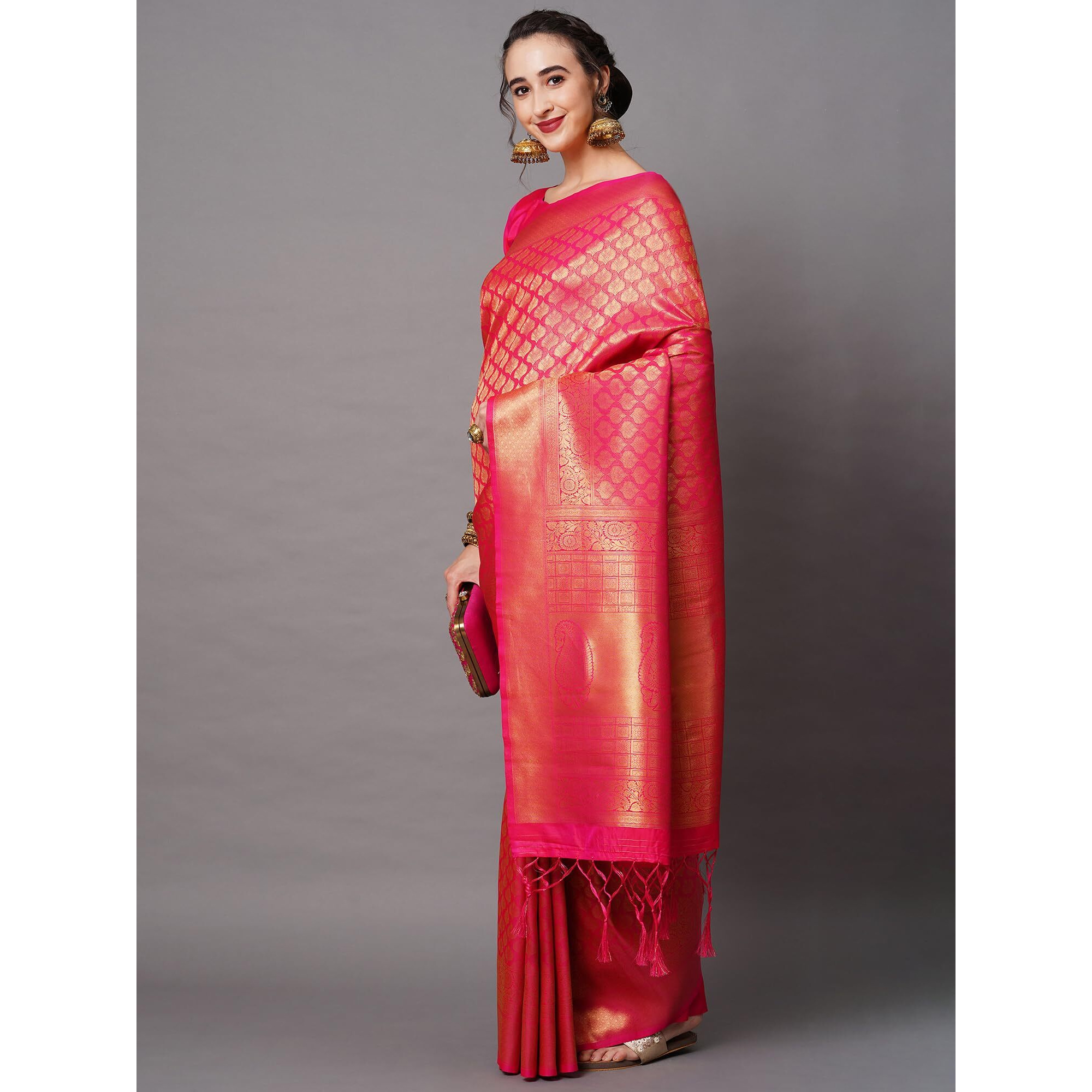 Akhilam Womens Kanchipuram Silk Saree With Unstitched Blouse Piece (Kanjivaram Silk Saree_Pink)