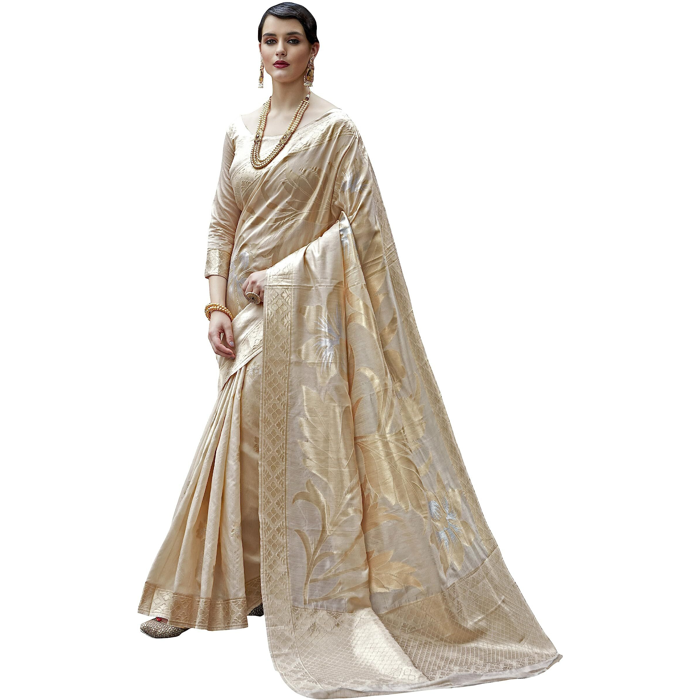 AKHILAM Womens Woven Design Kanjivaram Banarasi Silk Saree With Unstitched Blouse Piece (KMBH1230_Cream) (Creamy)