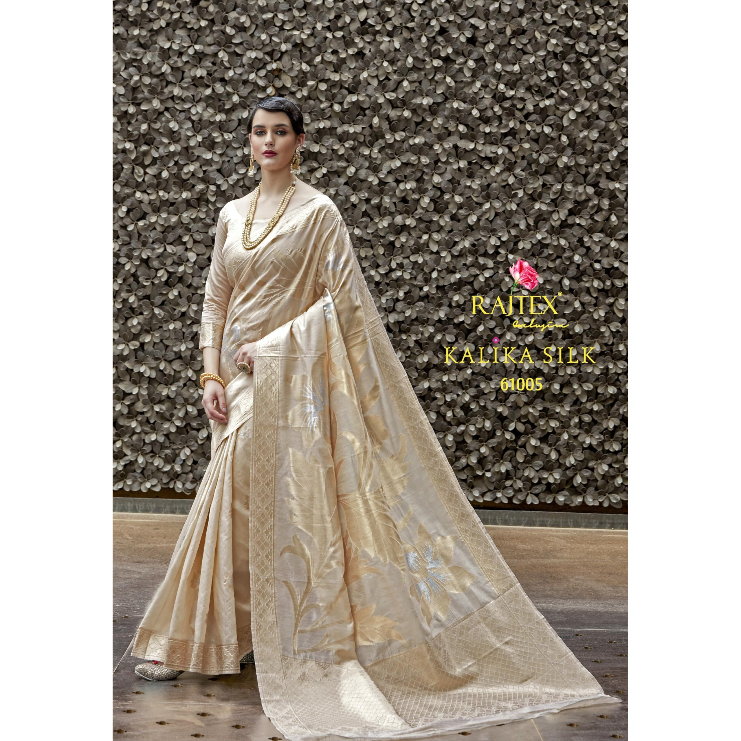 AKHILAM Womens Woven Design Kanjivaram Banarasi Silk Saree With Unstitched Blouse Piece (KMBH1230_Cream) (Creamy)