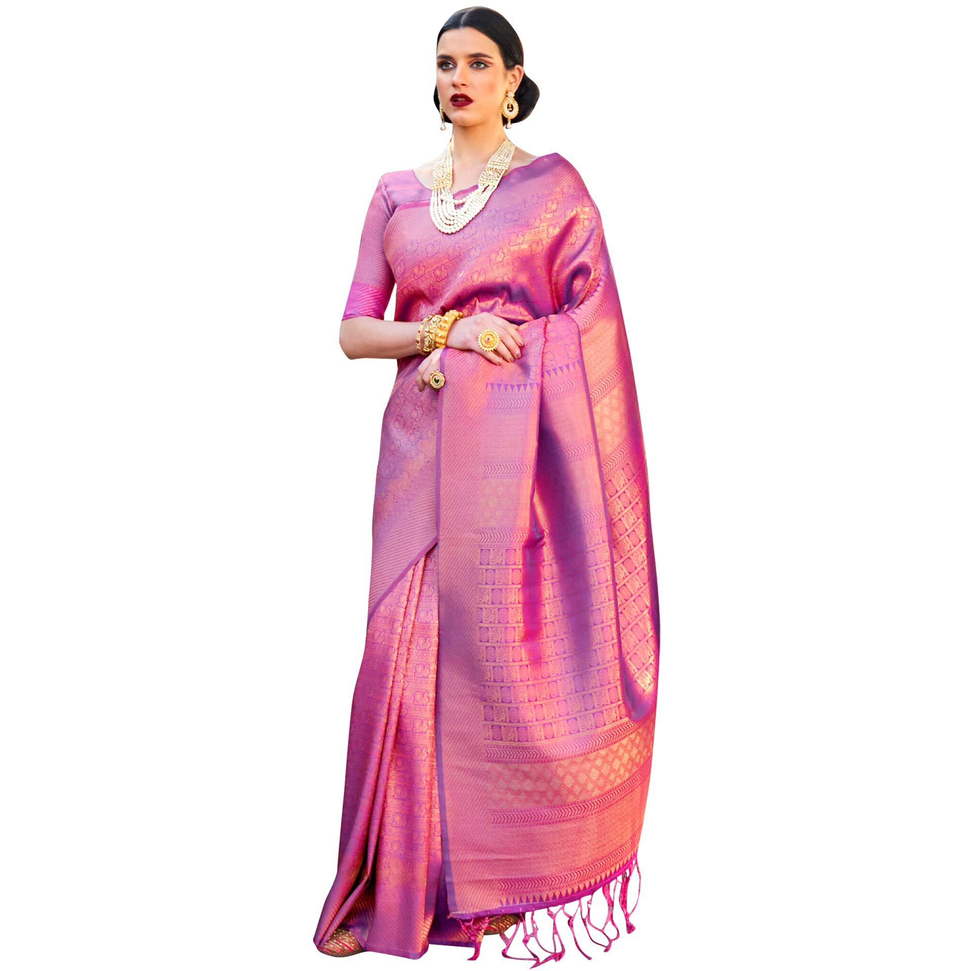 AKHILAM Womens Woven Design Kanjivaram Banarasi Silk Saree With Unstitched Blouse Piece (Magenta_KMBH123002)