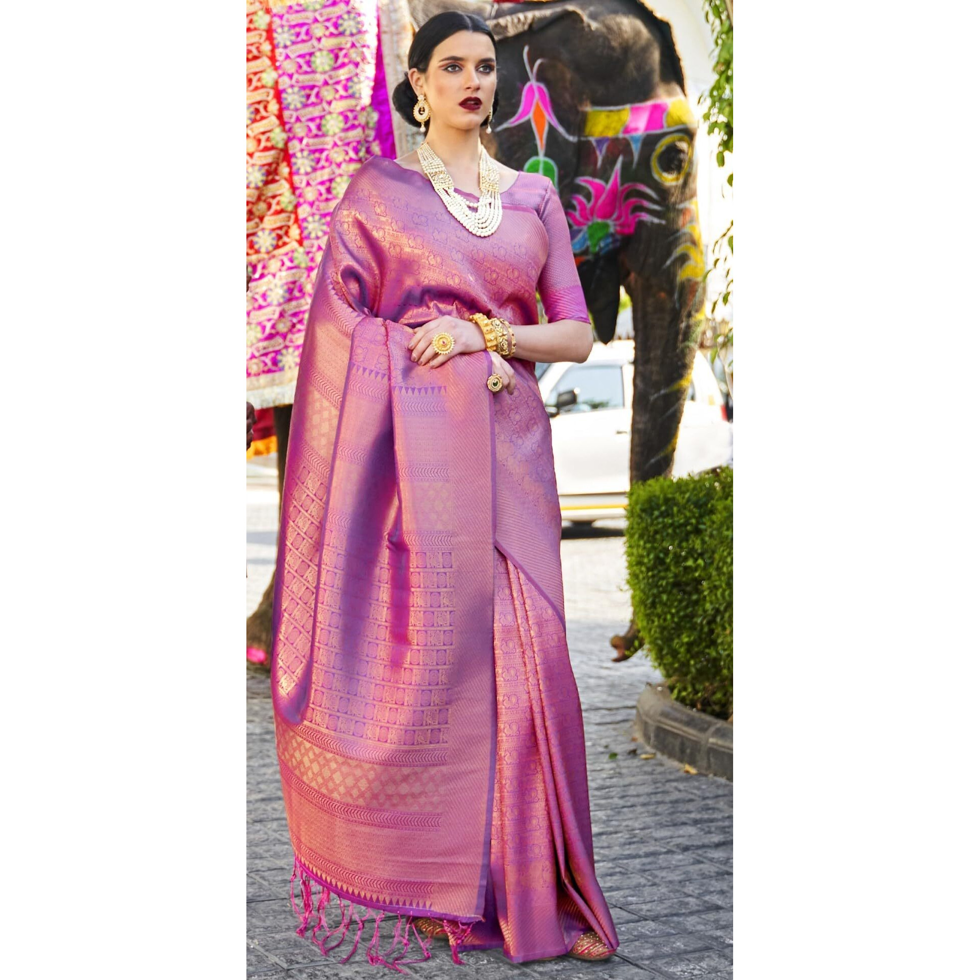 AKHILAM Womens Woven Design Kanjivaram Banarasi Silk Saree With Unstitched Blouse Piece (Magenta_KMBH123002)