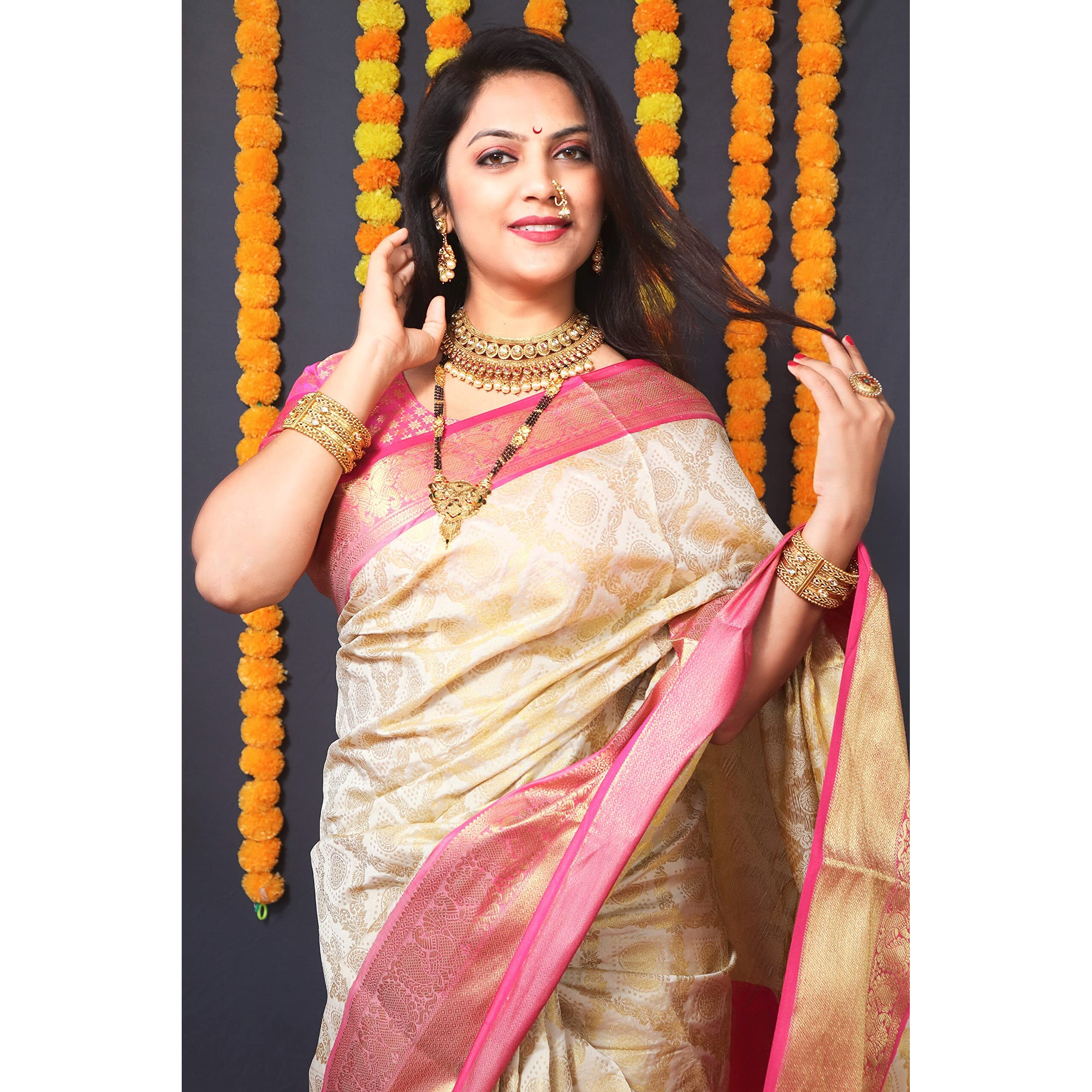 SGF11 Womens Kanjivaram Pure Soft Silk Handloom Saree Pure Golden Zari With Blouse Piece (White)