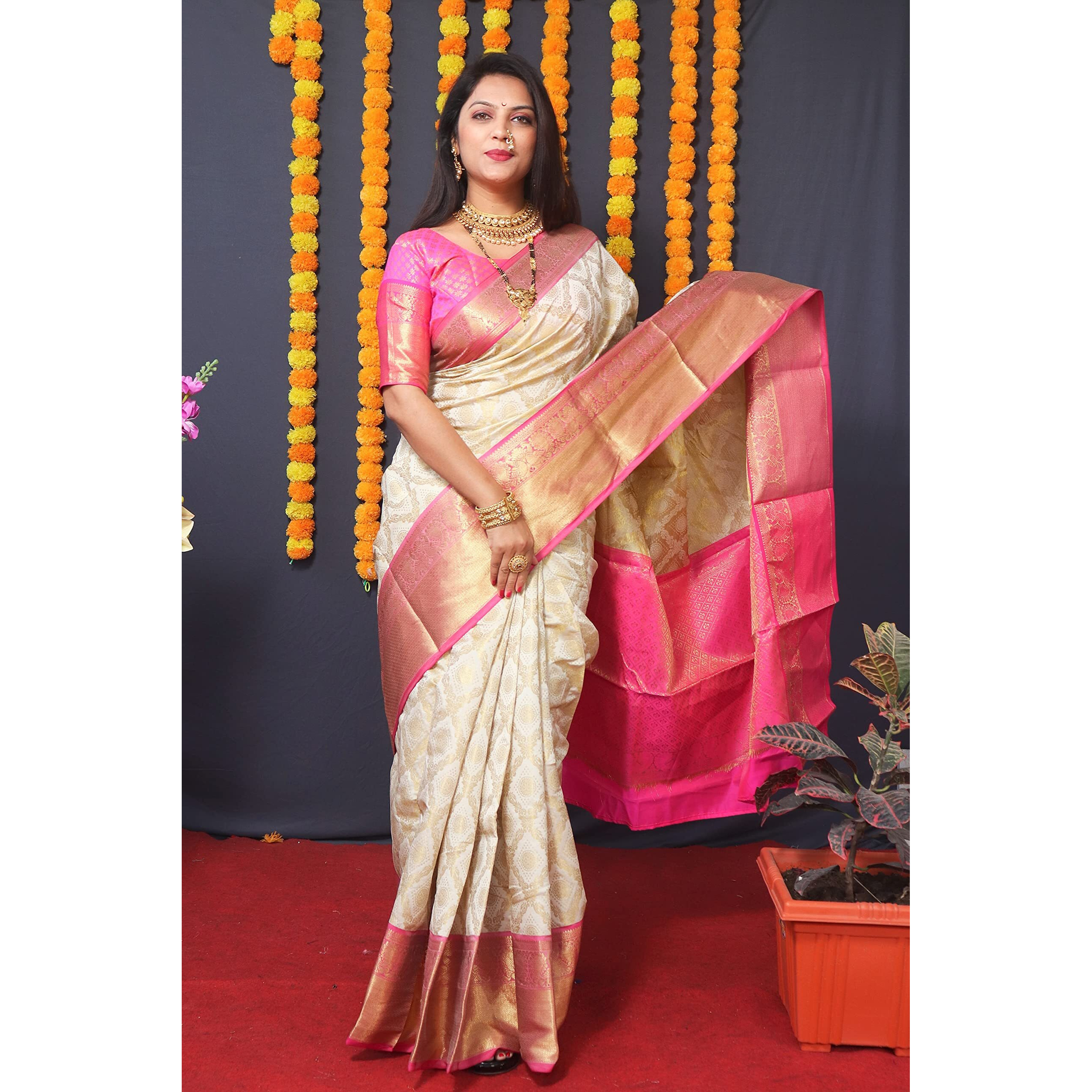 SGF11 Womens Kanjivaram Pure Soft Silk Handloom Saree Pure Golden Zari With Blouse Piece (White)