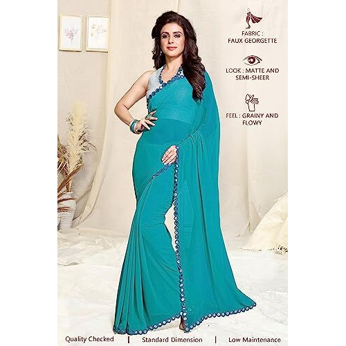 SOURBH Womens Plain Weave Georgette Mirror Lace Work Saree with Blouse Piece (3929-Dark Cyan)