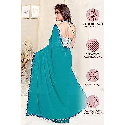 SOURBH Womens Plain Weave Georgette Mirror Lace Work Saree with Blouse Piece (3929-Dark Cyan)