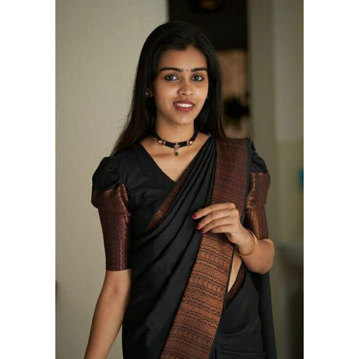 Flosive Womens Kanjivaram Silk Saree With Handloom Weaving Work With Blouse (BLACK B)