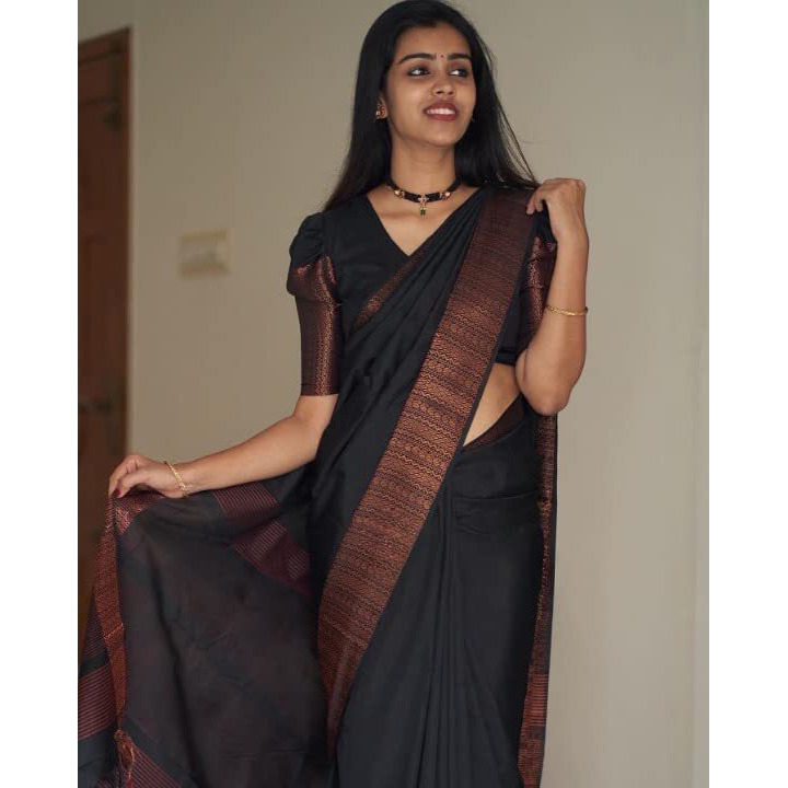 Flosive Womens Kanjivaram Silk Saree With Handloom Weaving Work With Blouse (BLACK B)