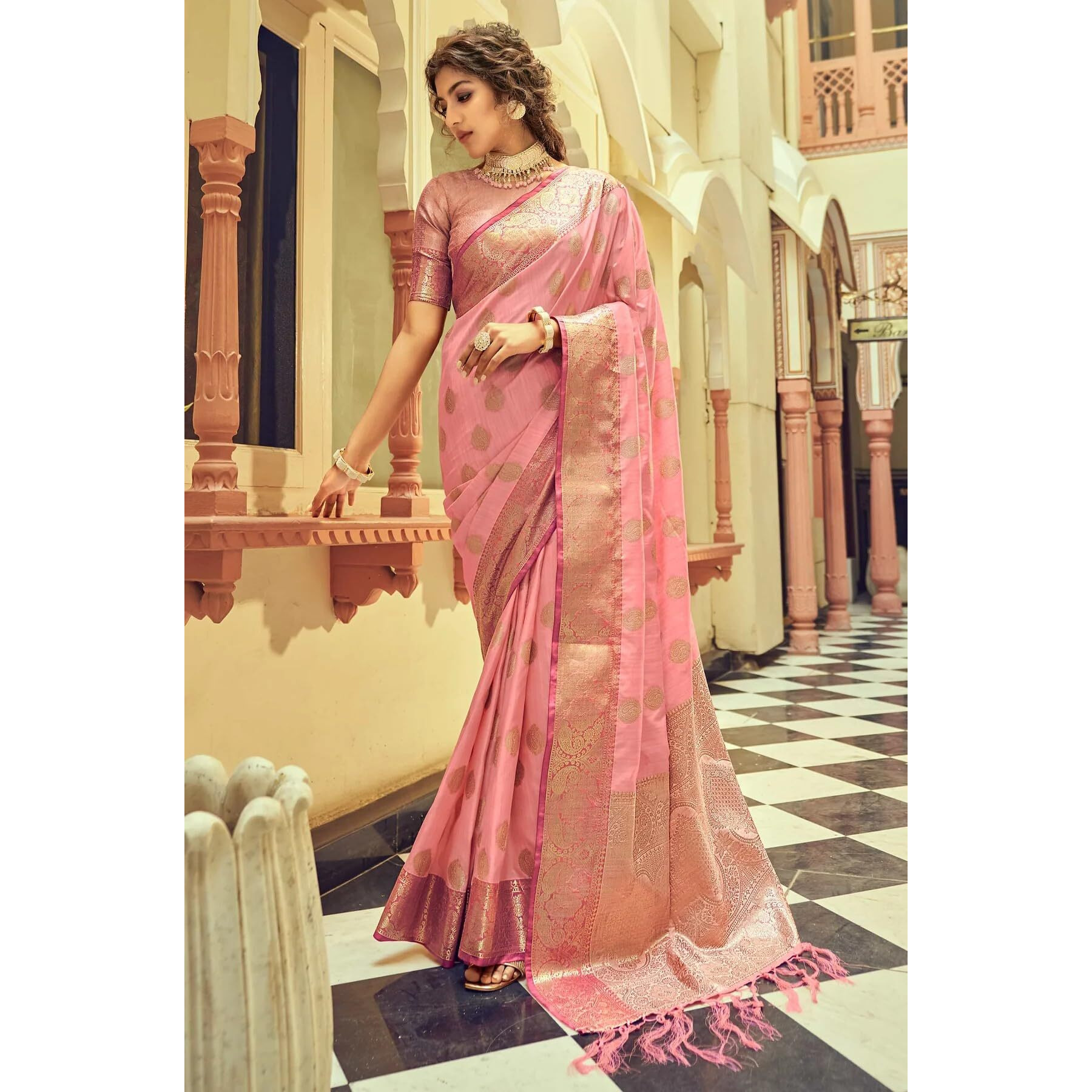 SWORNOF Womens Jacquard Woven Self Design Cotton Silk Saree With Unstich Blouse Piece (BABY PINK)