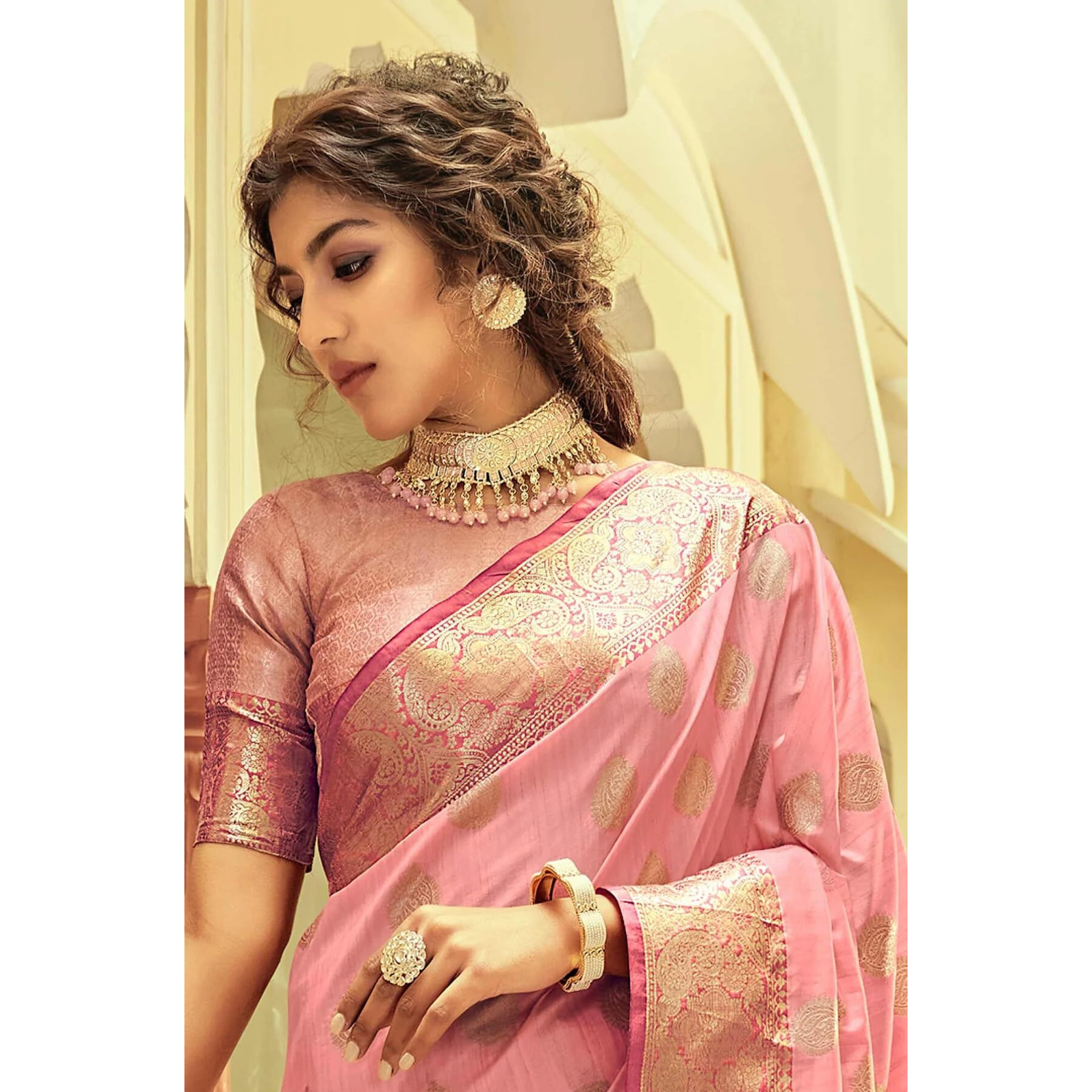 SWORNOF Womens Jacquard Woven Self Design Cotton Silk Saree With Unstich Blouse Piece (BABY PINK)