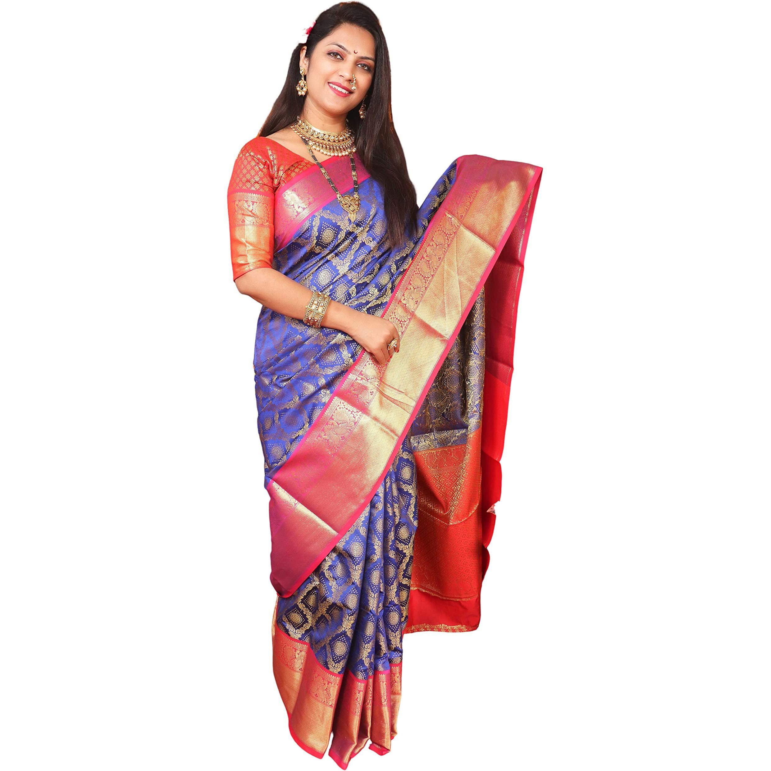 SGF11 Womens Kanjivaram Pure Soft Silk Handloom Saree Pure Golden Zari With Blouse Piece (Royal Blue)