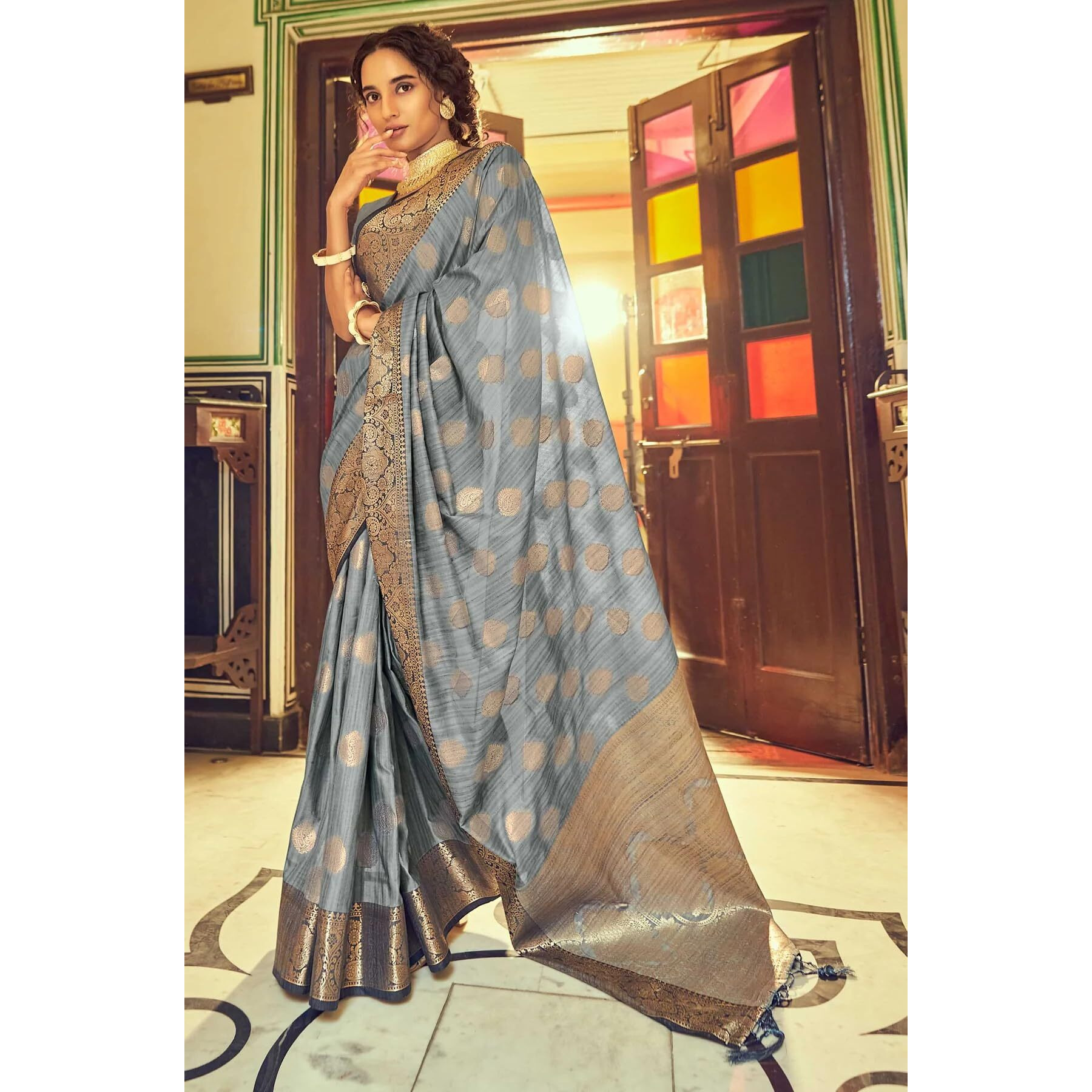 SWORNOF Womens Jacquard Woven Self Design Cotton Silk Saree With Unstich Blouse Piece (GREY BLUE)