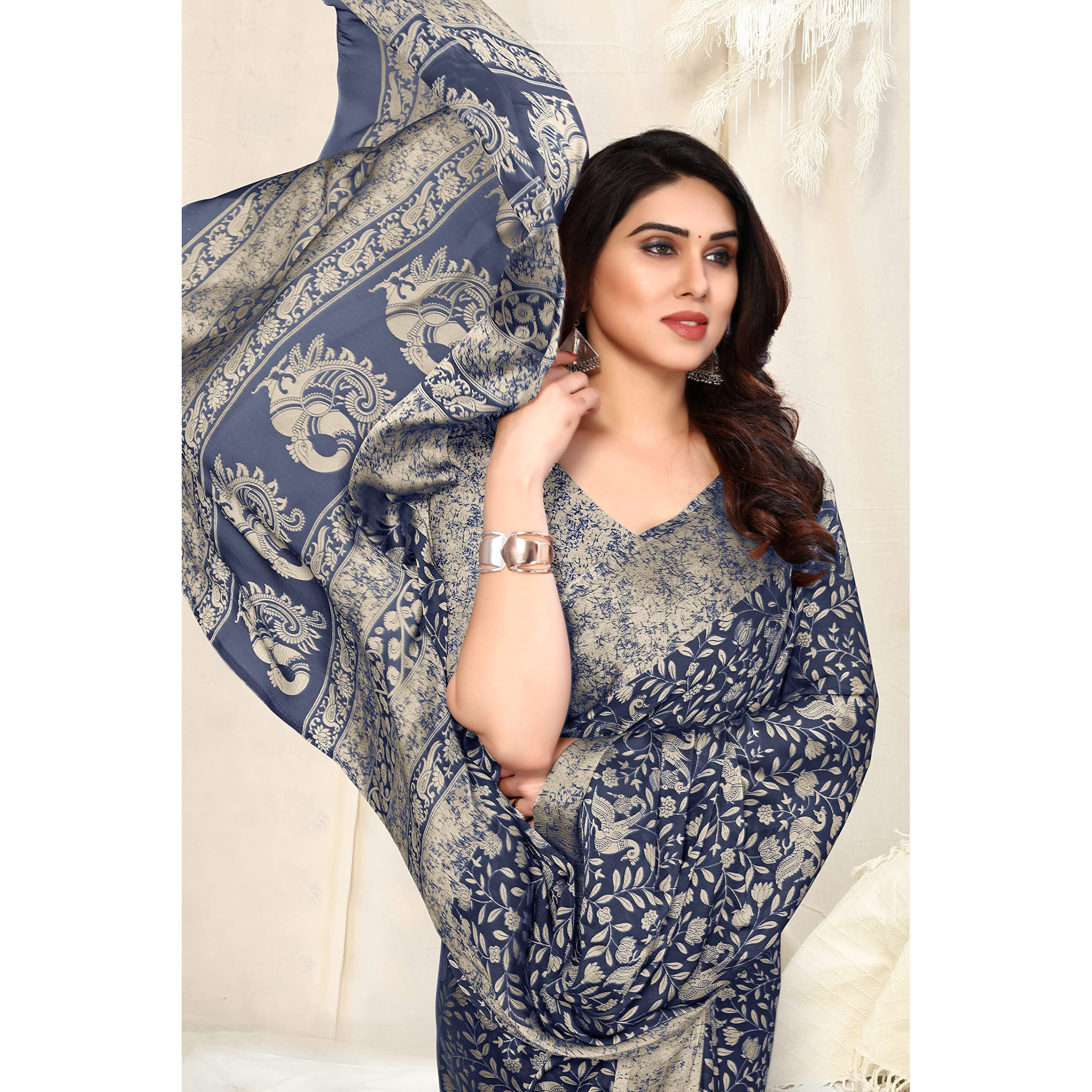 MIRCHI FASHION Womens Plain Weave Chiffon Madhubani Printed Saree with Blouse Piece (38443-Navy Blue, Beige)