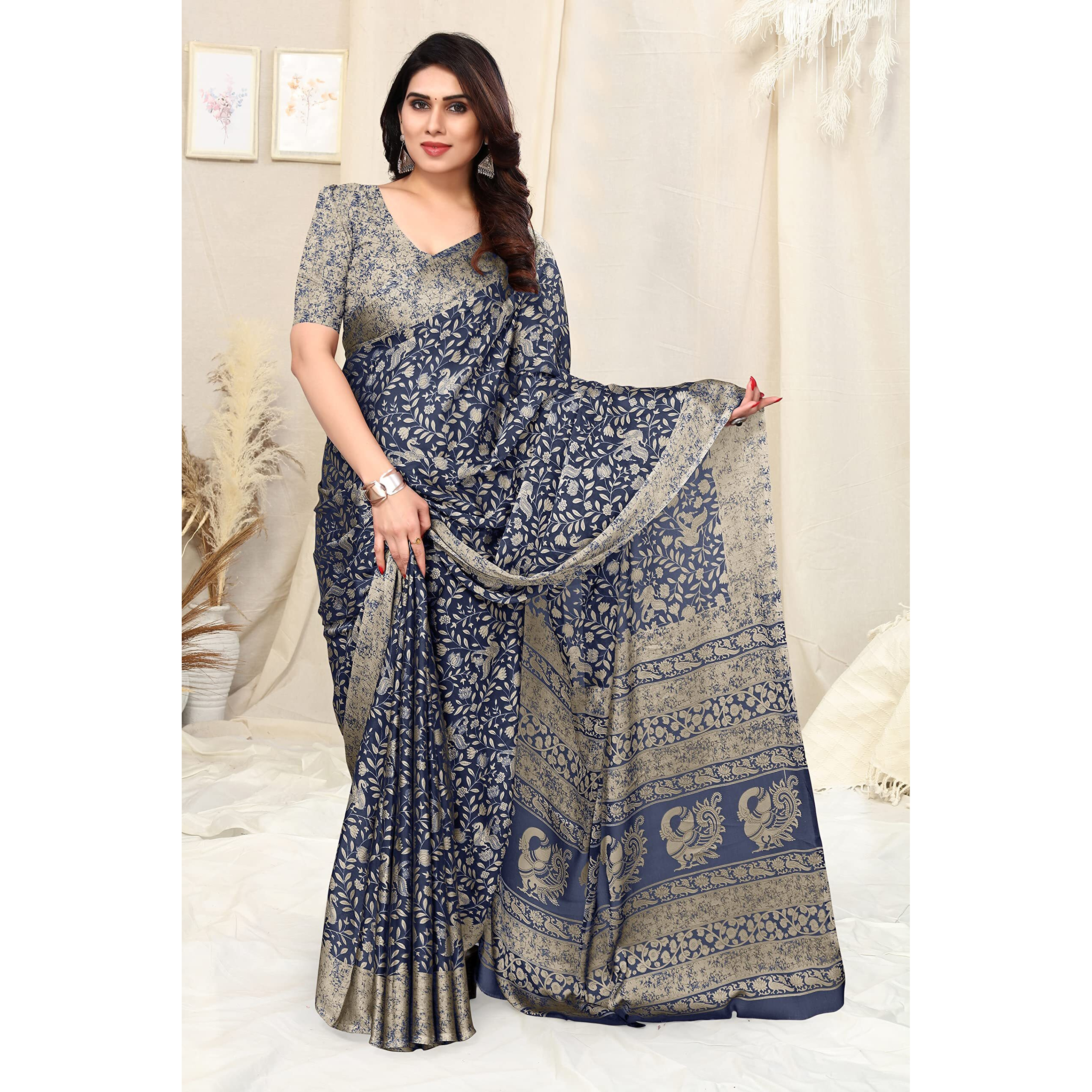 MIRCHI FASHION Womens Plain Weave Chiffon Madhubani Printed Saree with Blouse Piece (38443-Navy Blue, Beige)