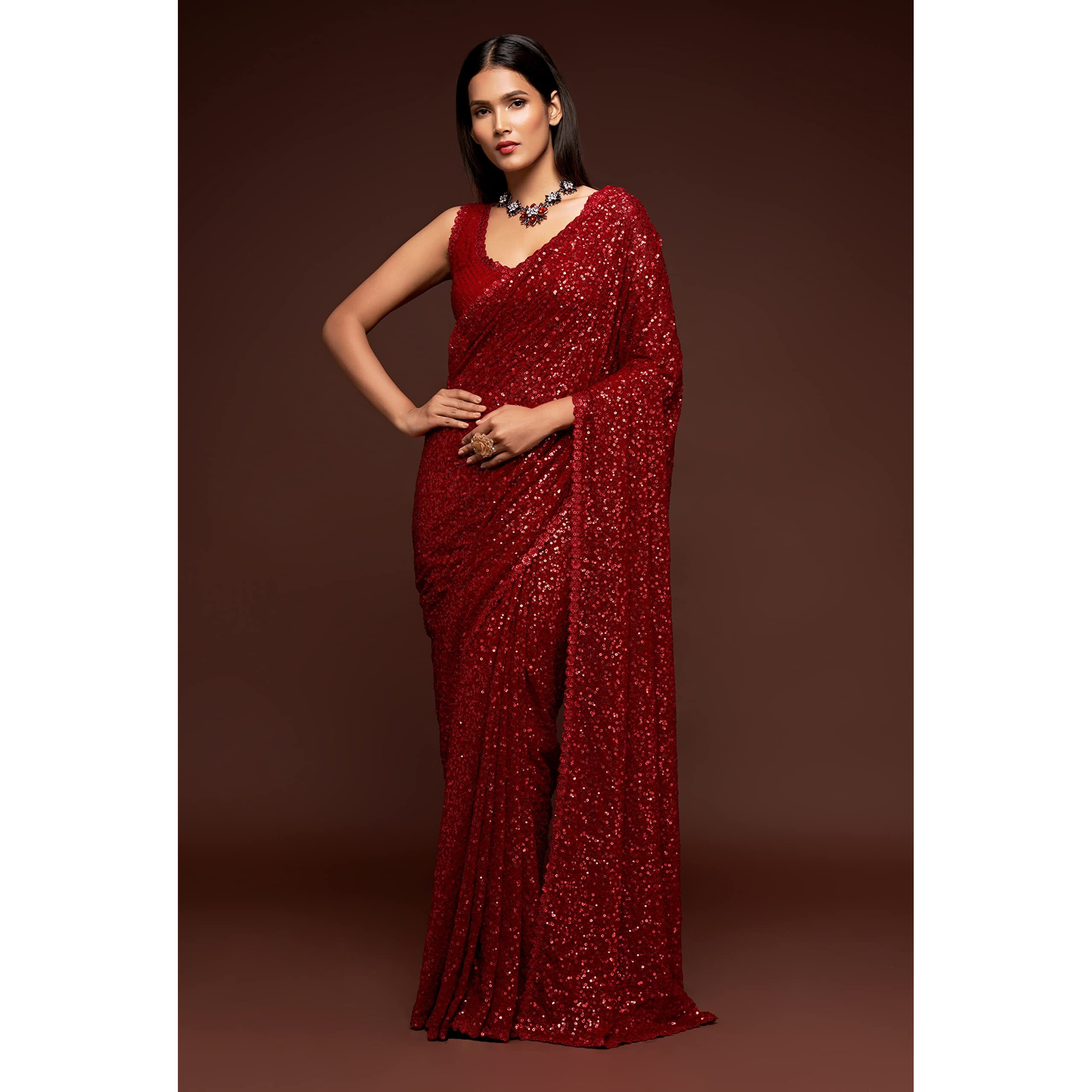 TRENDMALLS Womens Georgette Heavy Sequins Work Heavy Saree with Blouse (Red)