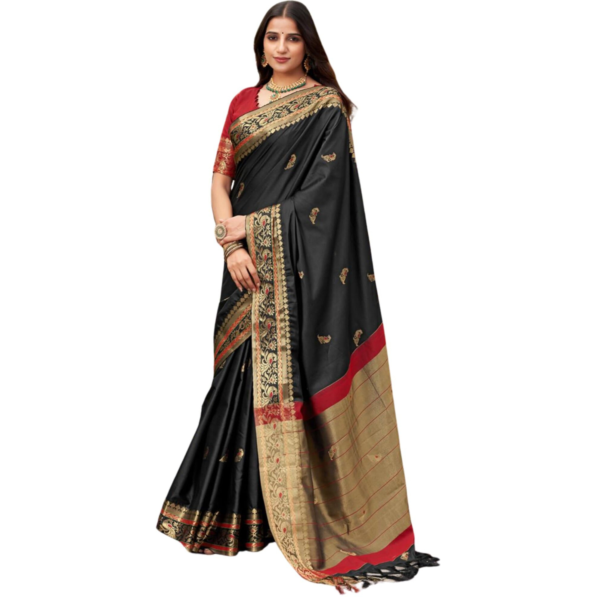 SGF11 Womens Kanjivaram Soft Lichi Silk Saree With Blouse Piece (Black)