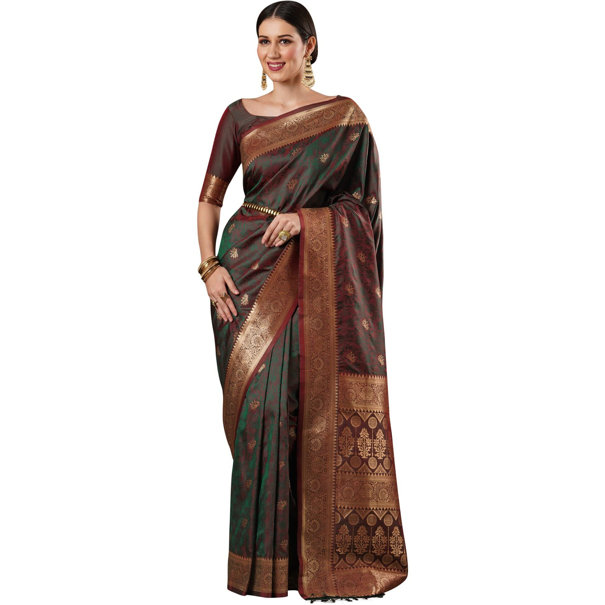 AKHILAM Womens Botanical Silk Blend Woven Design Saree With Unstitched Blouse Piece (Brown_13PAKHI1407)