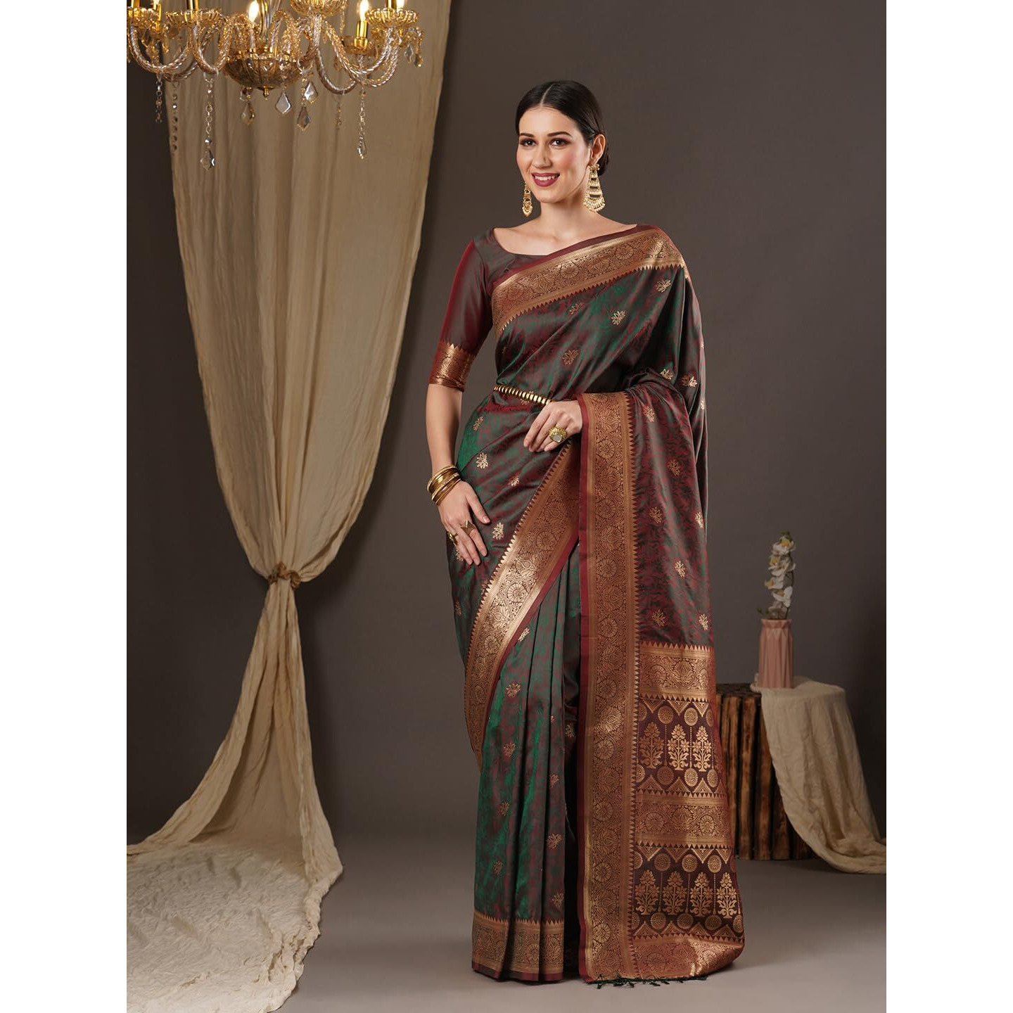 AKHILAM Womens Botanical Silk Blend Woven Design Saree With Unstitched Blouse Piece (Brown_13PAKHI1407)