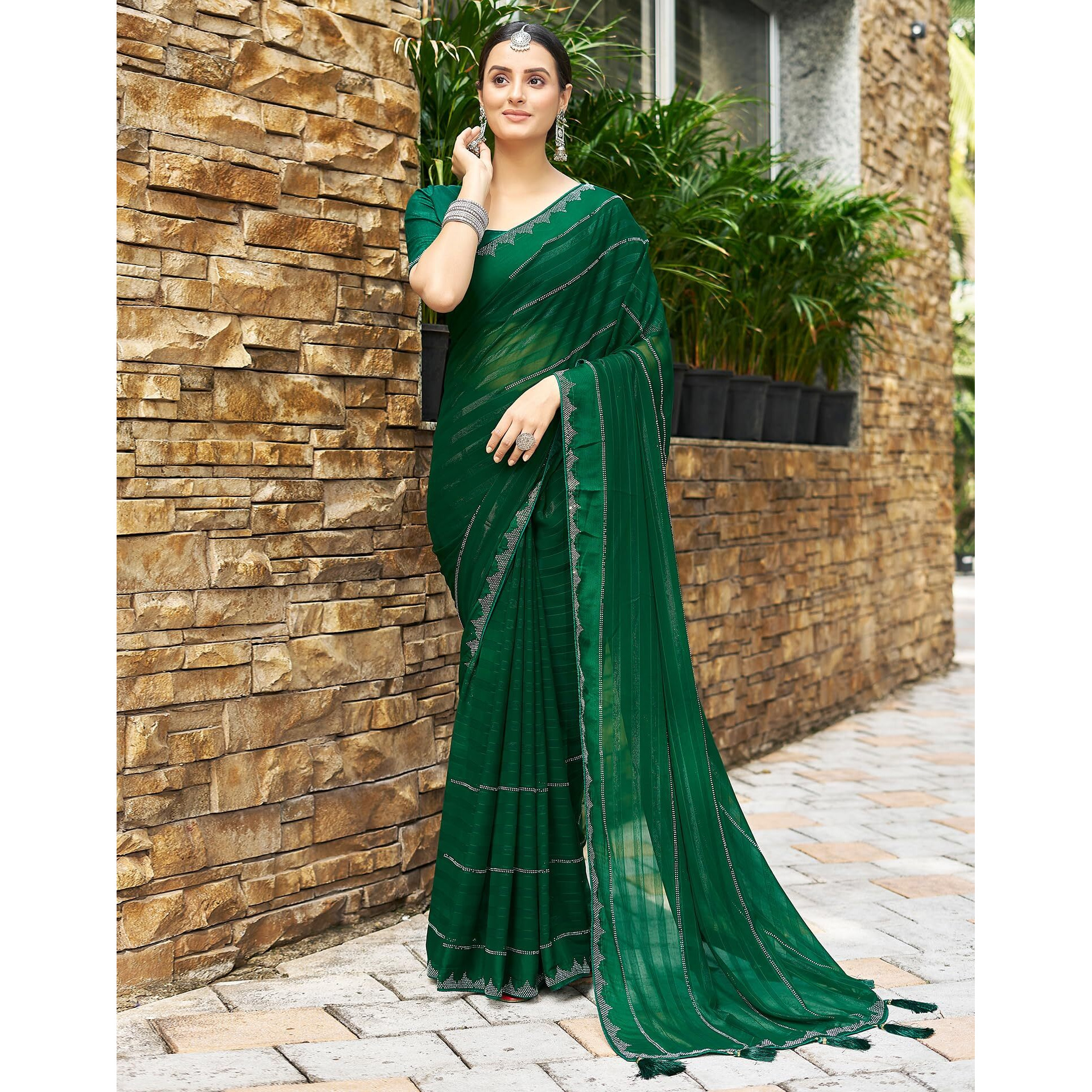 SIRIL Georgette Stone Work Saree for Women With Unstitched Blouse Piece (3432S302_Dark Green)