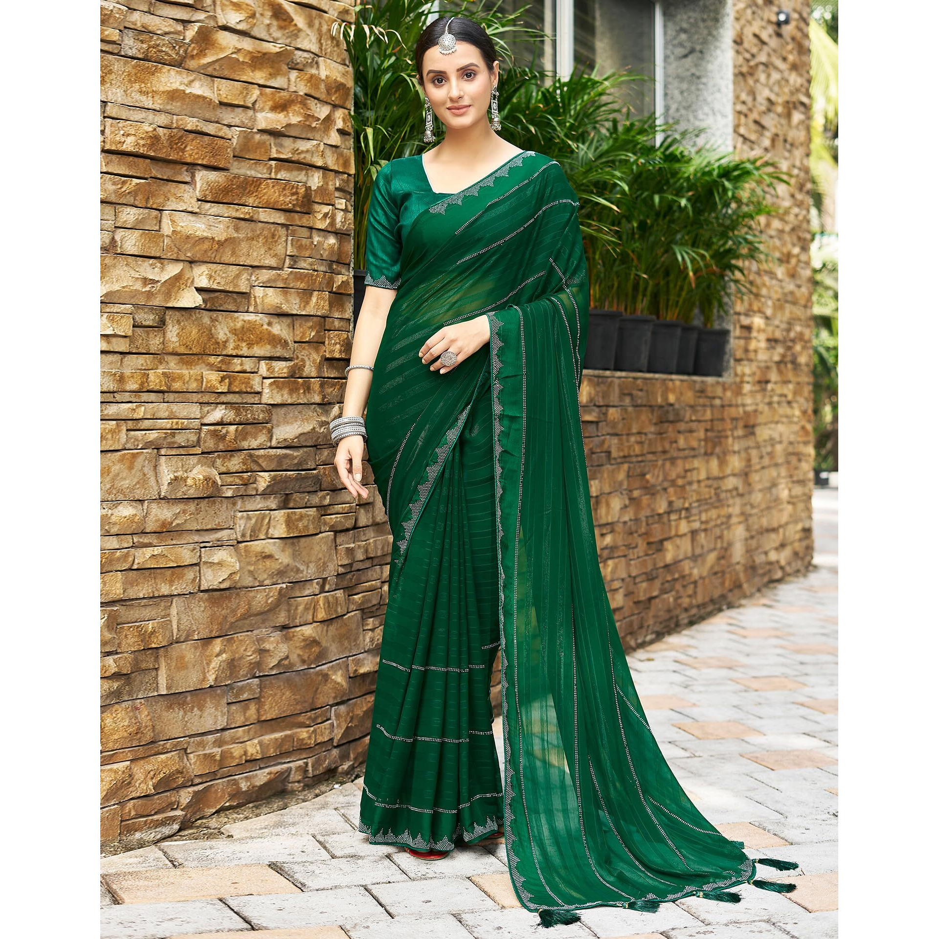 SIRIL Georgette Stone Work Saree for Women With Unstitched Blouse Piece (3432S302_Dark Green)