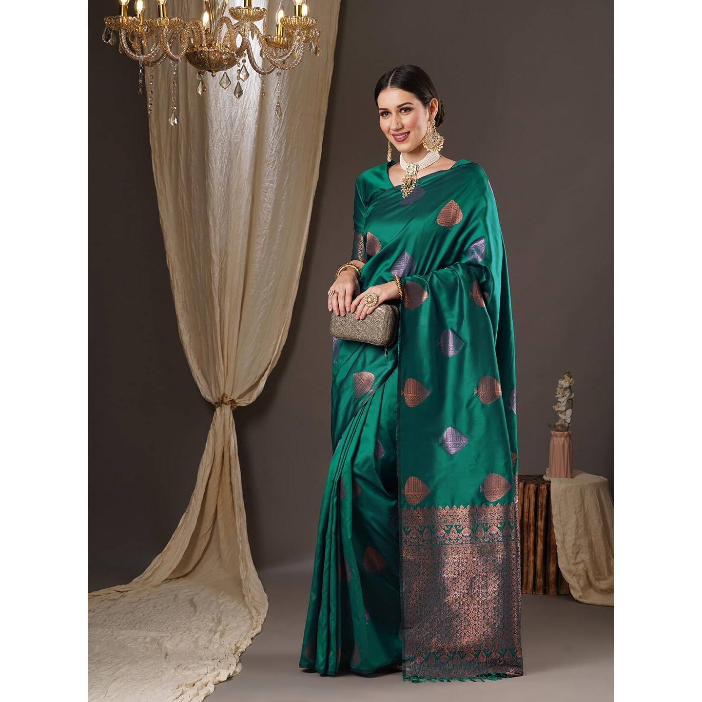 AKHILAM Womens Bagh Silk Blend Woven Design Saree With Unstitched Blouse Piece (Teal blue_14PAKHI1503)