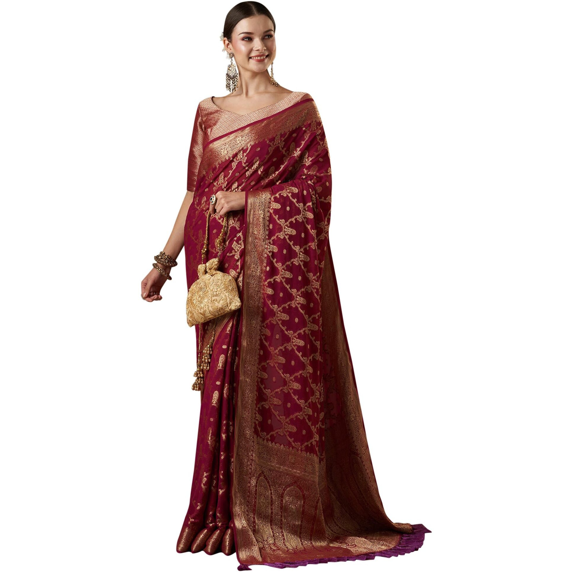 AKHILAM Womens Woven Design Ethnic Motif Georgette Saree With Unstiched Blouse Piece (Burgundy_ARYA8002_FL)