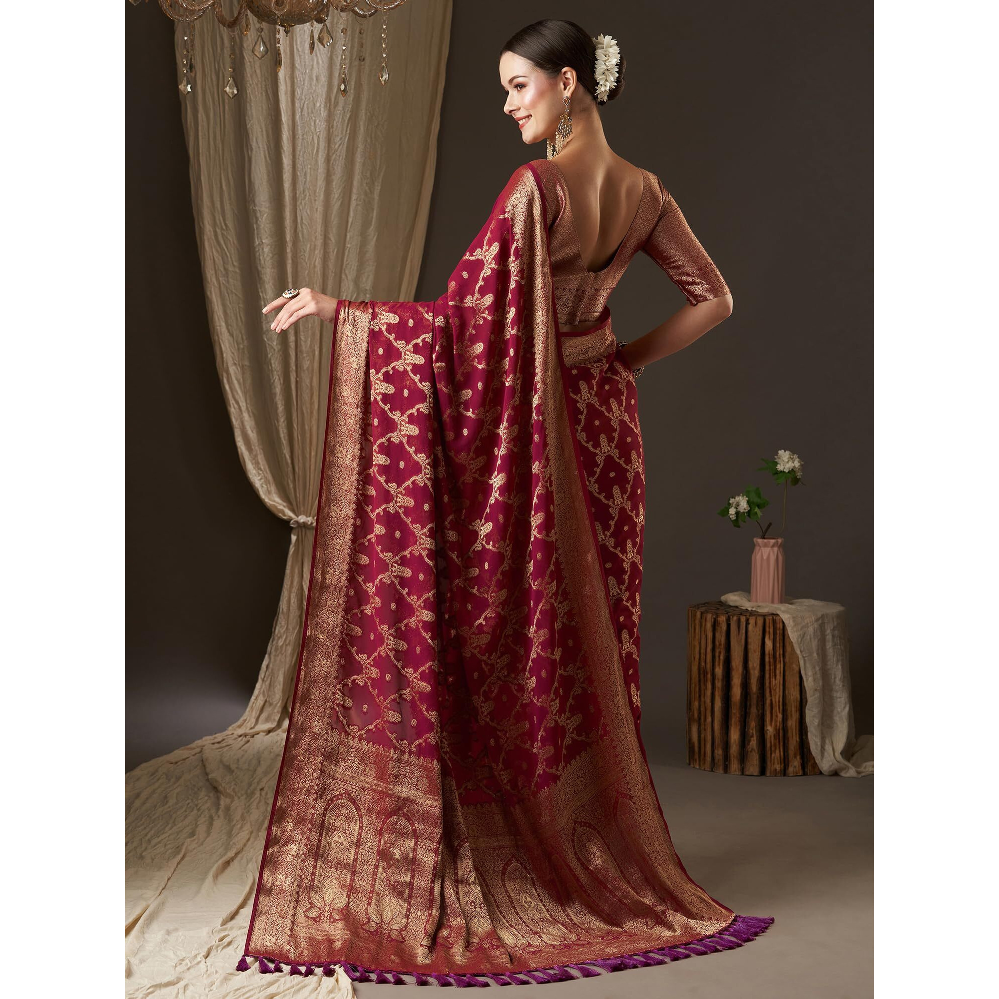 AKHILAM Womens Woven Design Ethnic Motif Georgette Saree With Unstiched Blouse Piece (Burgundy_ARYA8002_FL)