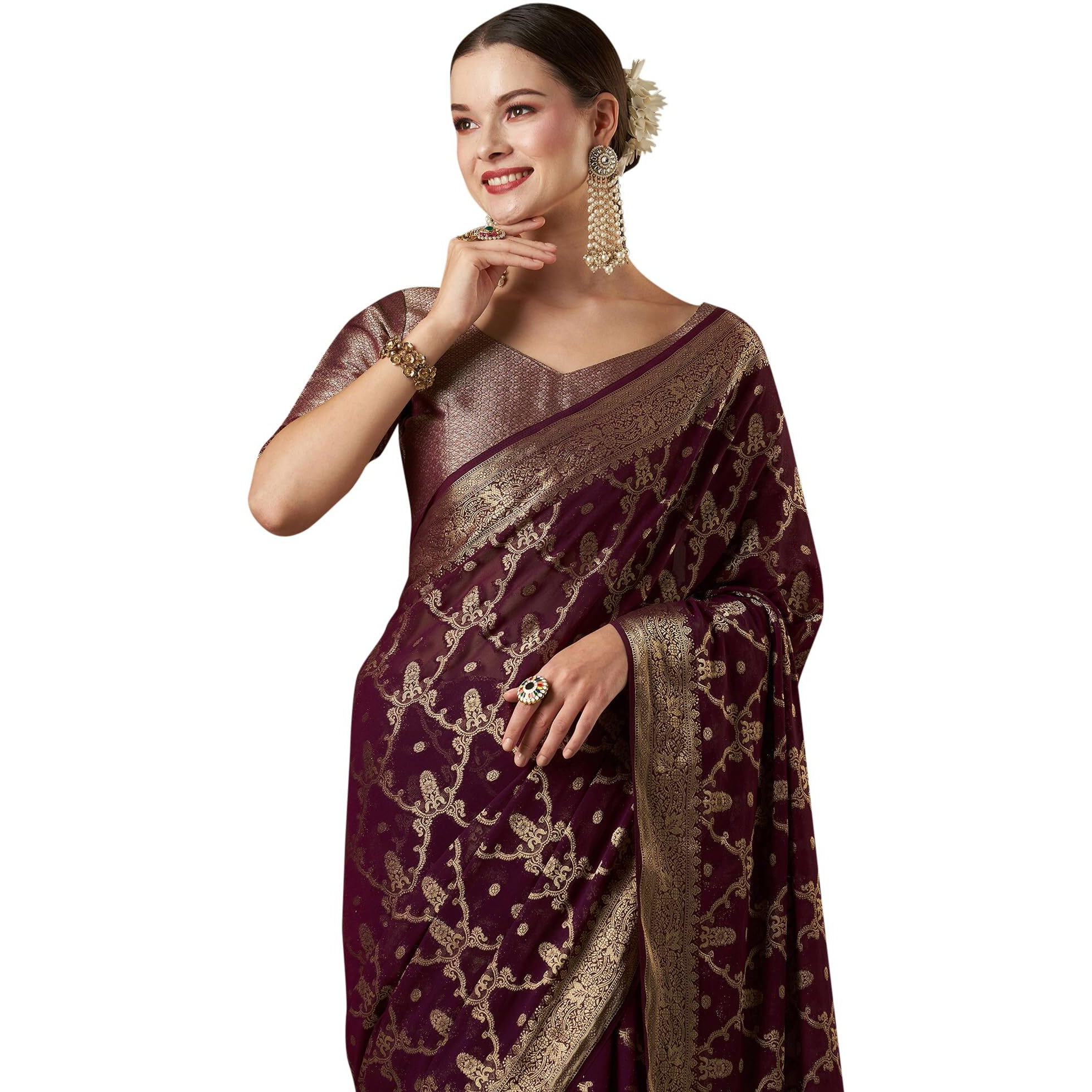 AKHILAM Womens Woven Design Ethnic Motif Georgette Kanjeevaram Saree With Unstiched Blouse Piece (Purple_ARYA8004_FL)